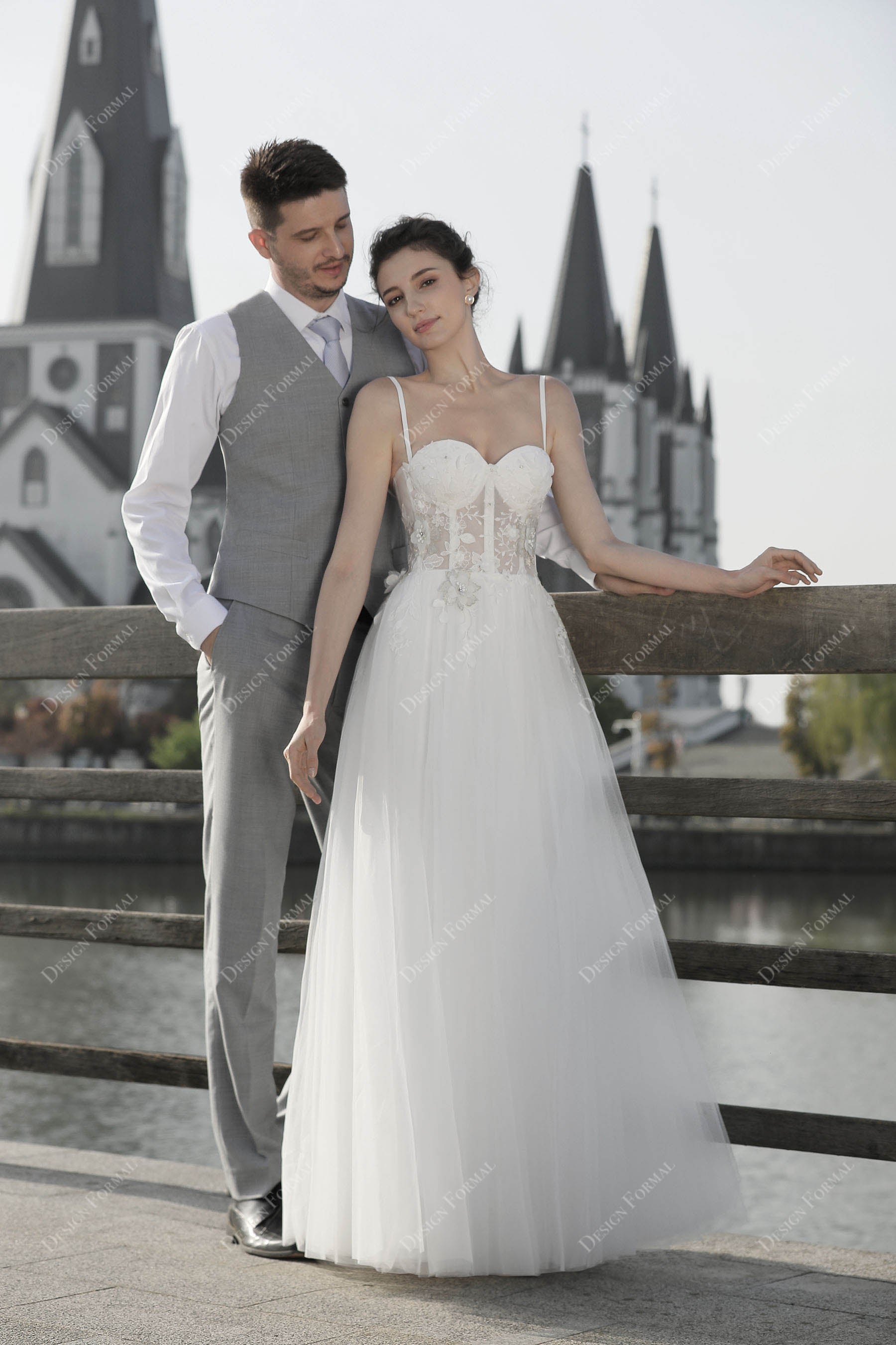 Modern Illusion Lace Corset Spaghetti Strap Floor-Length Bridal Dress Modern Illusion Lace Corset Spaghetti Strap Floor-Length Bridal Dress