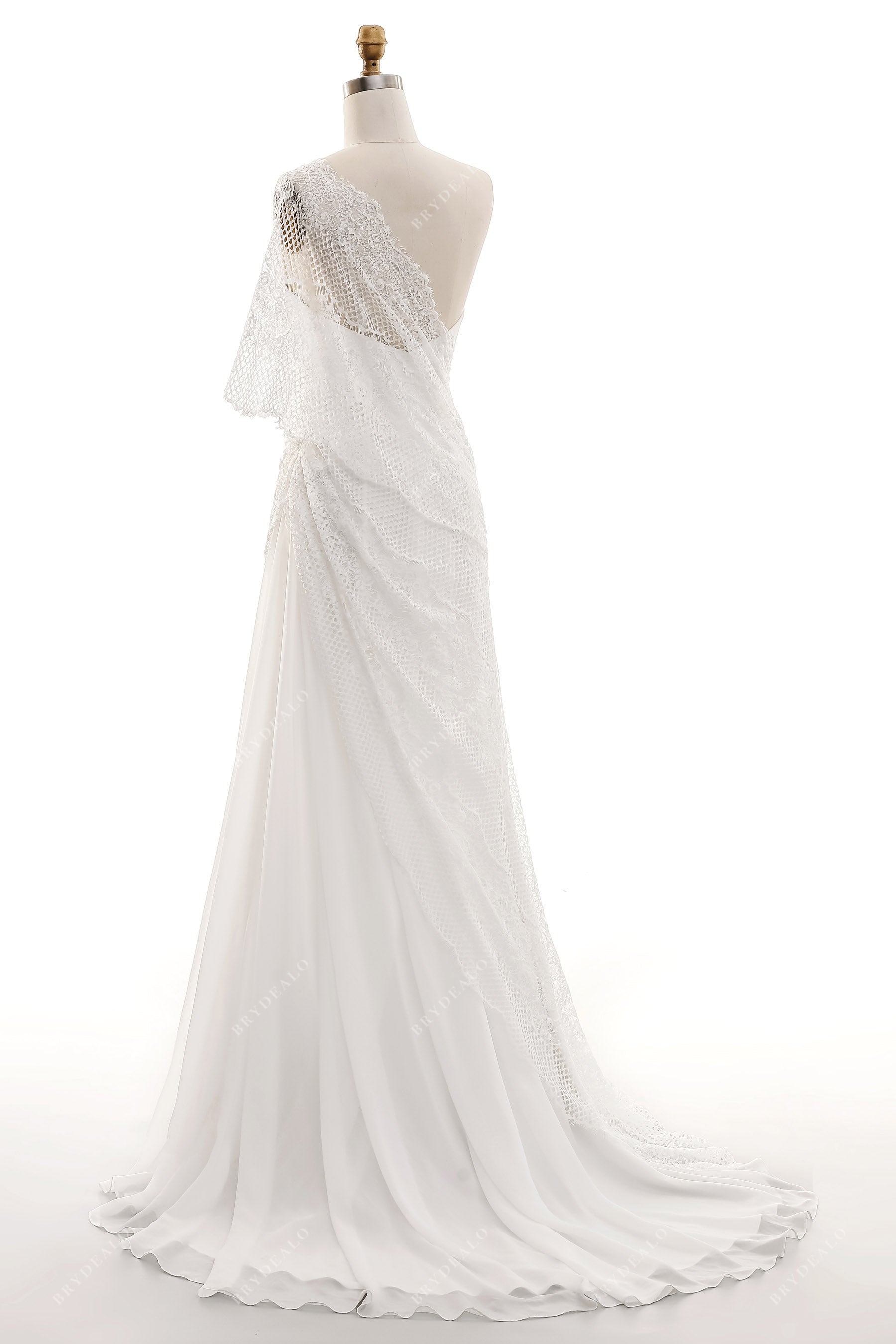 one shoulder lace chiffon fit and flare boho bridal gown