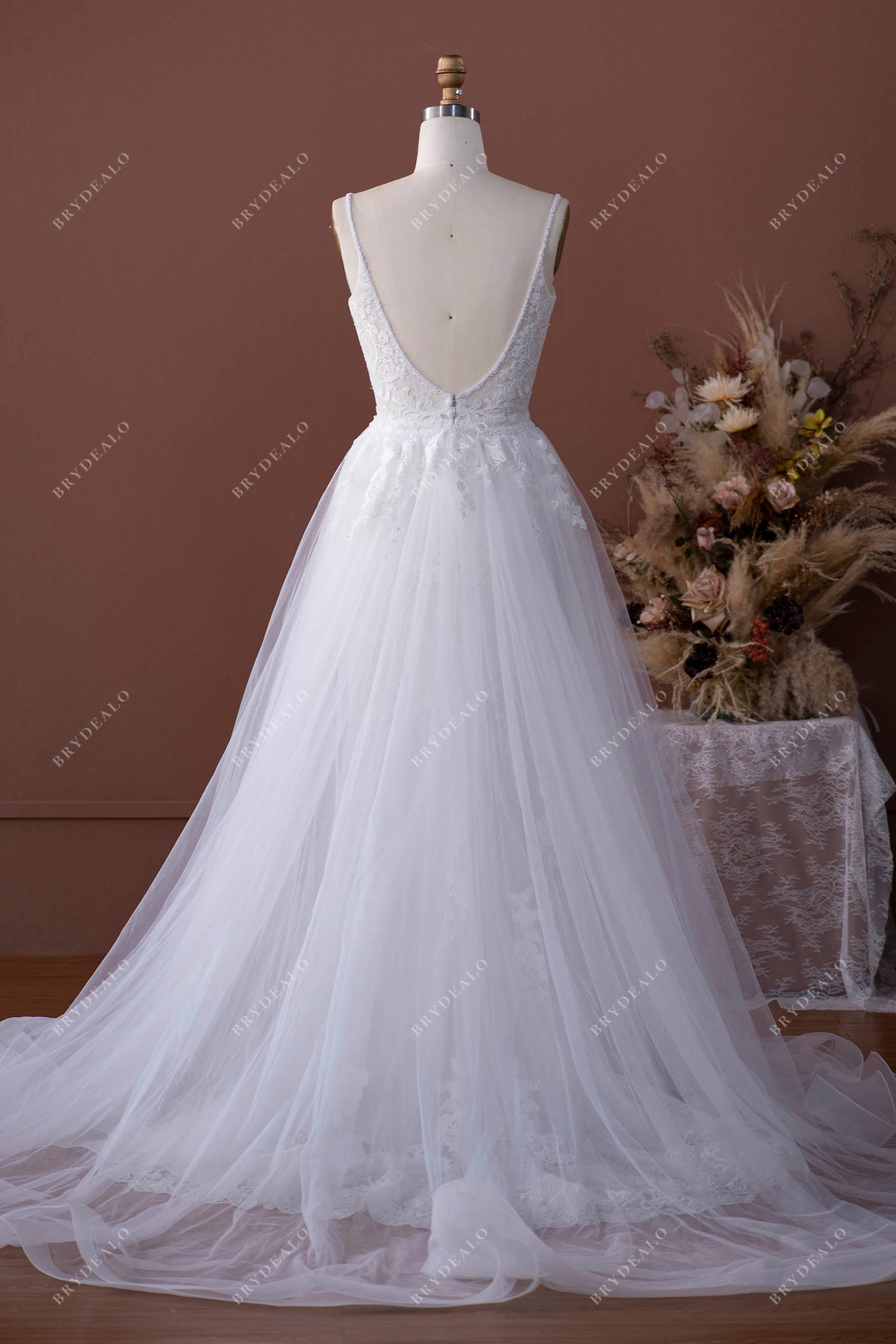 sleeveless lace tulle modern overskirt wedding dress