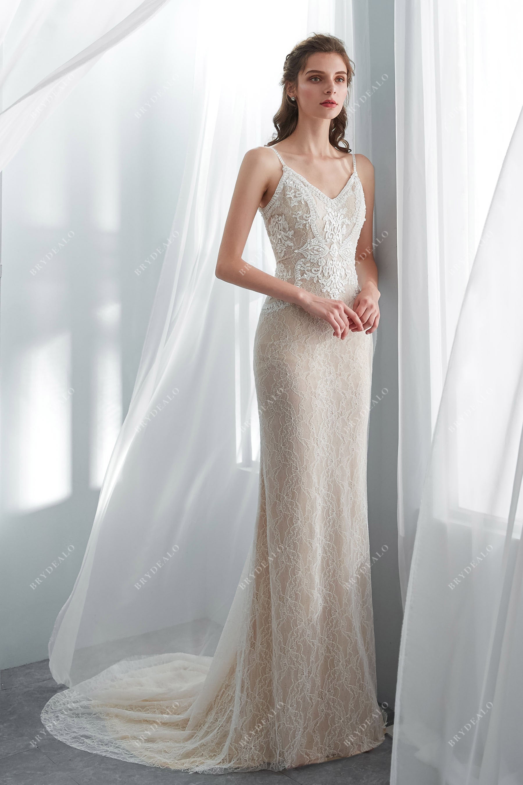 champagne beaded wedding dress Champagne Beaded Mesh Gown with Sheer Cape Overlay Luxe Evening Dress