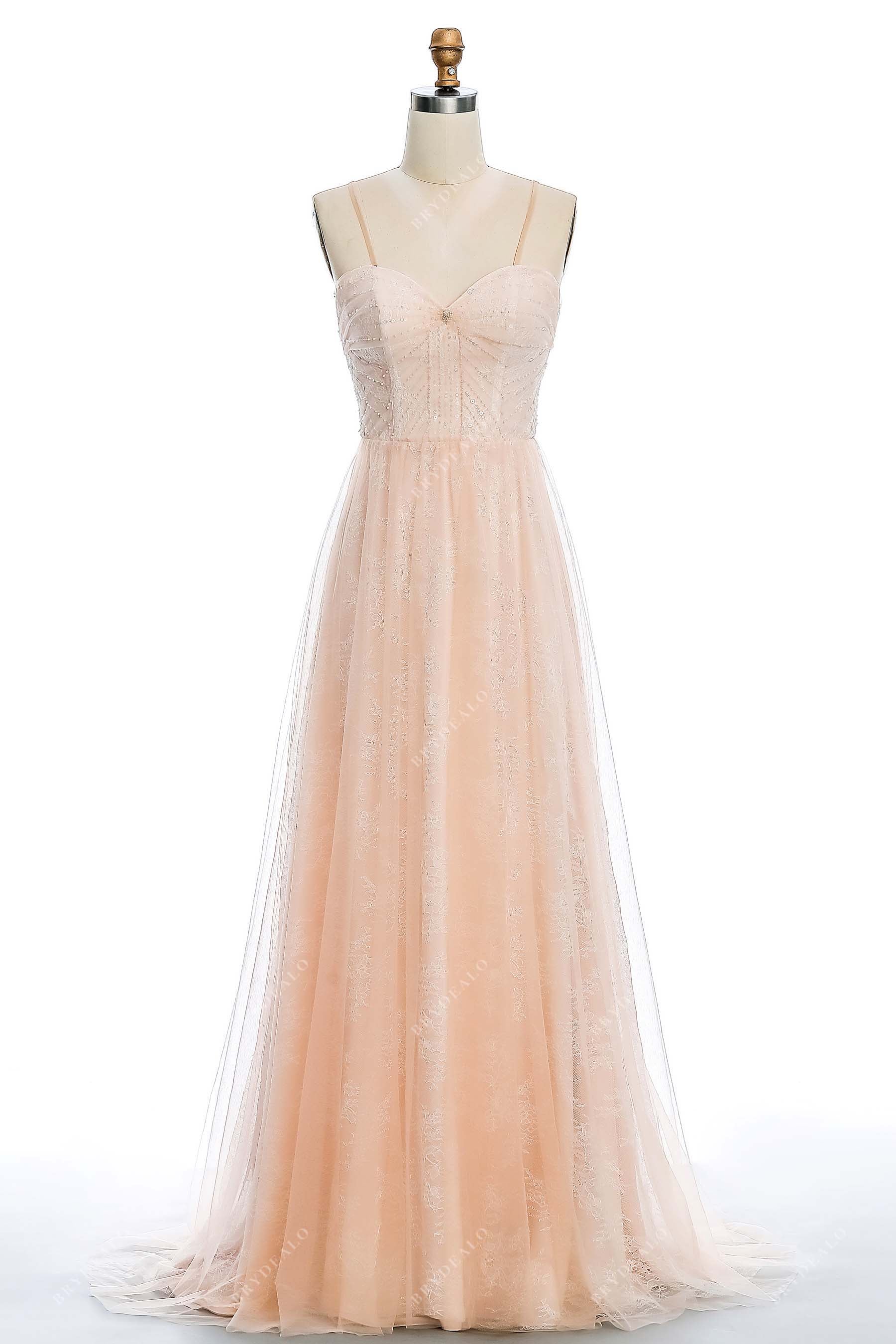 Peach Beaded Straps Sweetheart Lace Destination Colored Bridal Dress, Light Ivory