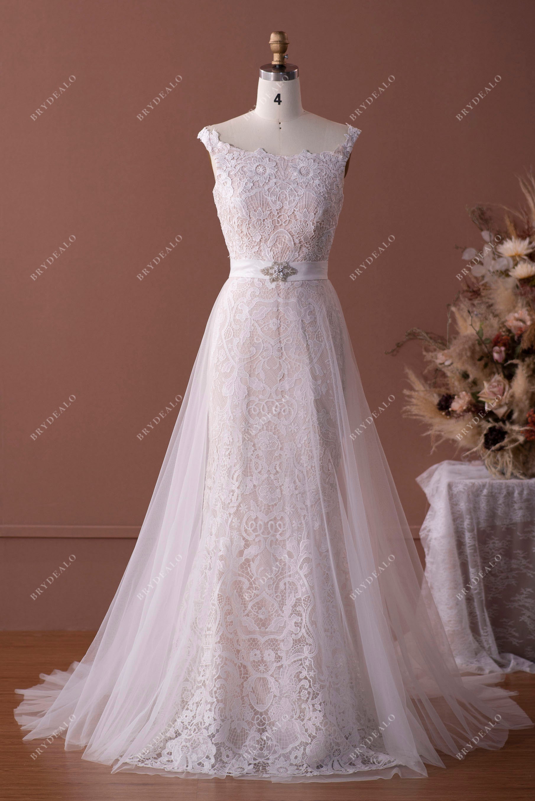 Mordern Lace Mermaid Pearl Pink Wedding Dress Detachable Overskirt, White Mordern Lace Mermaid Pearl Pink Wedding Dress Detachable Overskirt, White