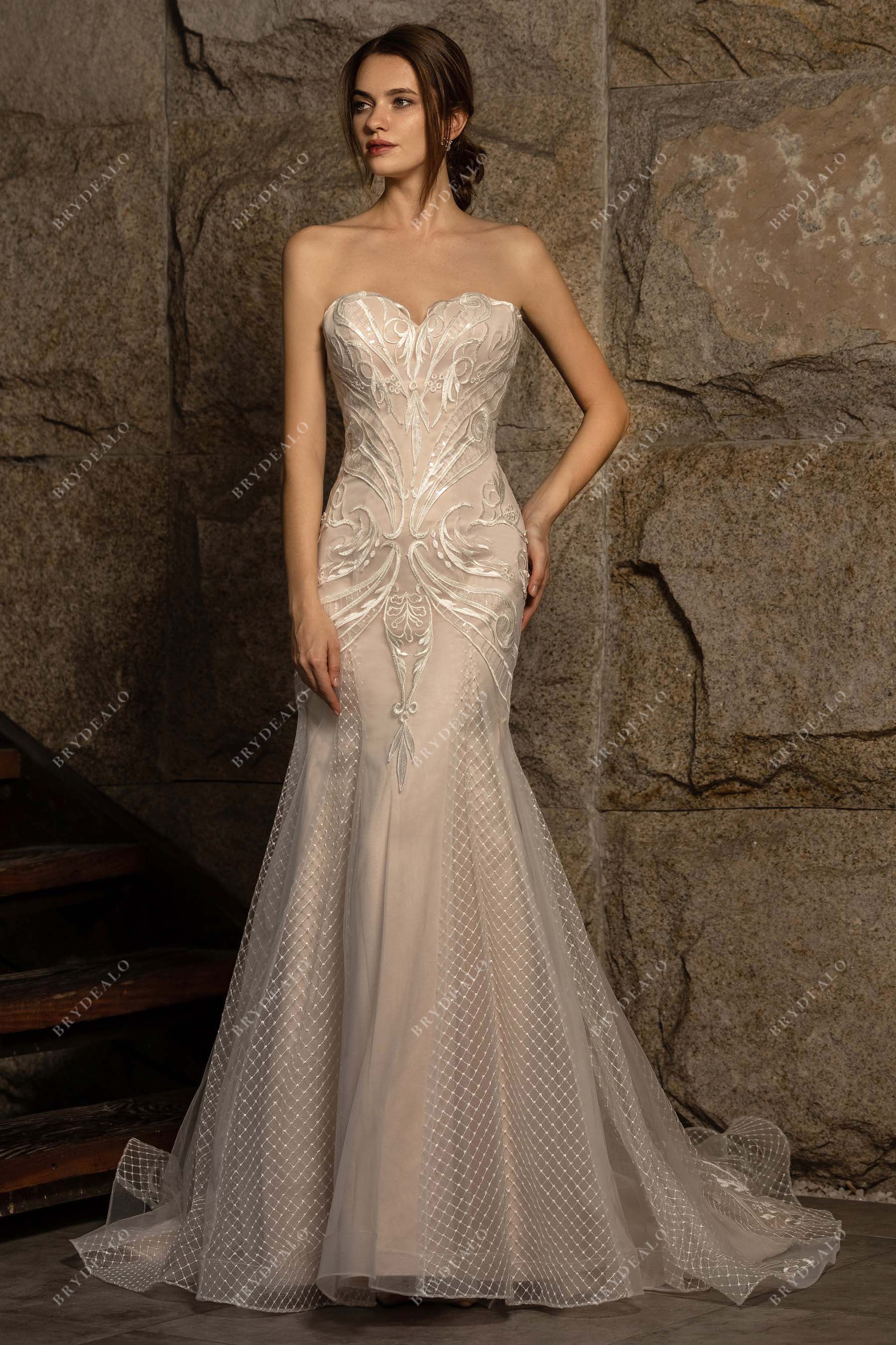 Designer Sweetheart Strapless Lace Nude Mermaid Wedding Dress, Nude Pink