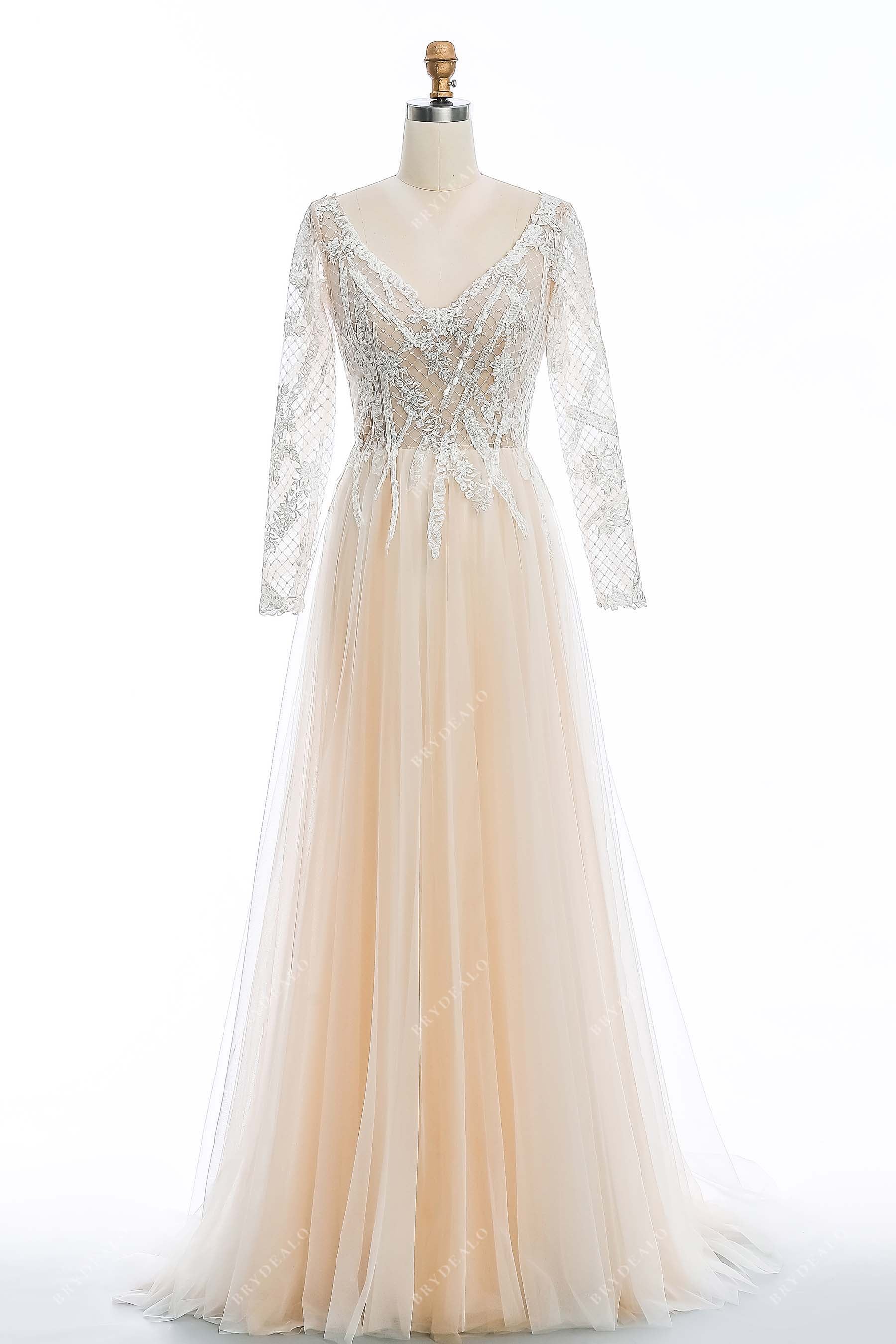 Beaded Straps V-neck Lace Elegant Champagne A-line Wedding Dress