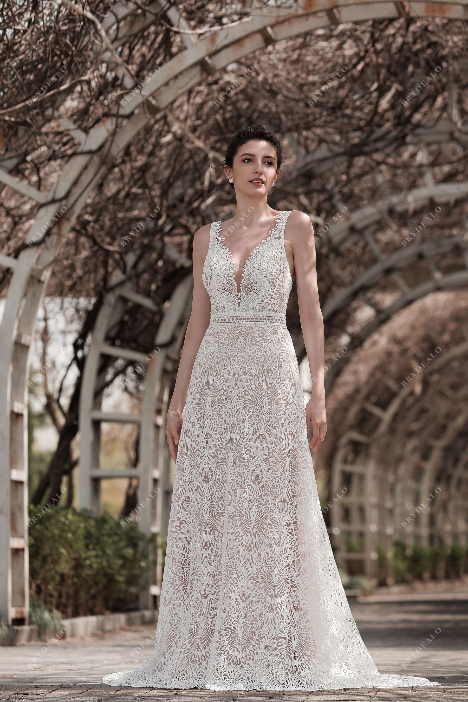 Plunging V-Neck Sleeveless Whimsical Lace A-Line Nude Wedding Dress, Nude Pink Plunging V-Neck Sleeveless Whimsical Lace A-Line Nude Wedding Dress, Nude Pink