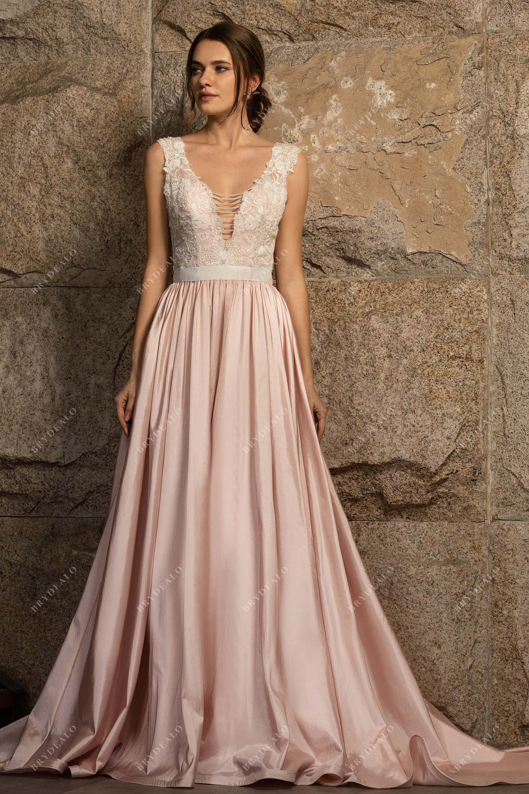 Dusty Rose Taffeta A-line Designer Plunging Neck Lace Wedding Dress, Light Ivory Dusty Rose Taffeta A-line Designer Plunging Neck Lace Wedding Dress, Light Ivory