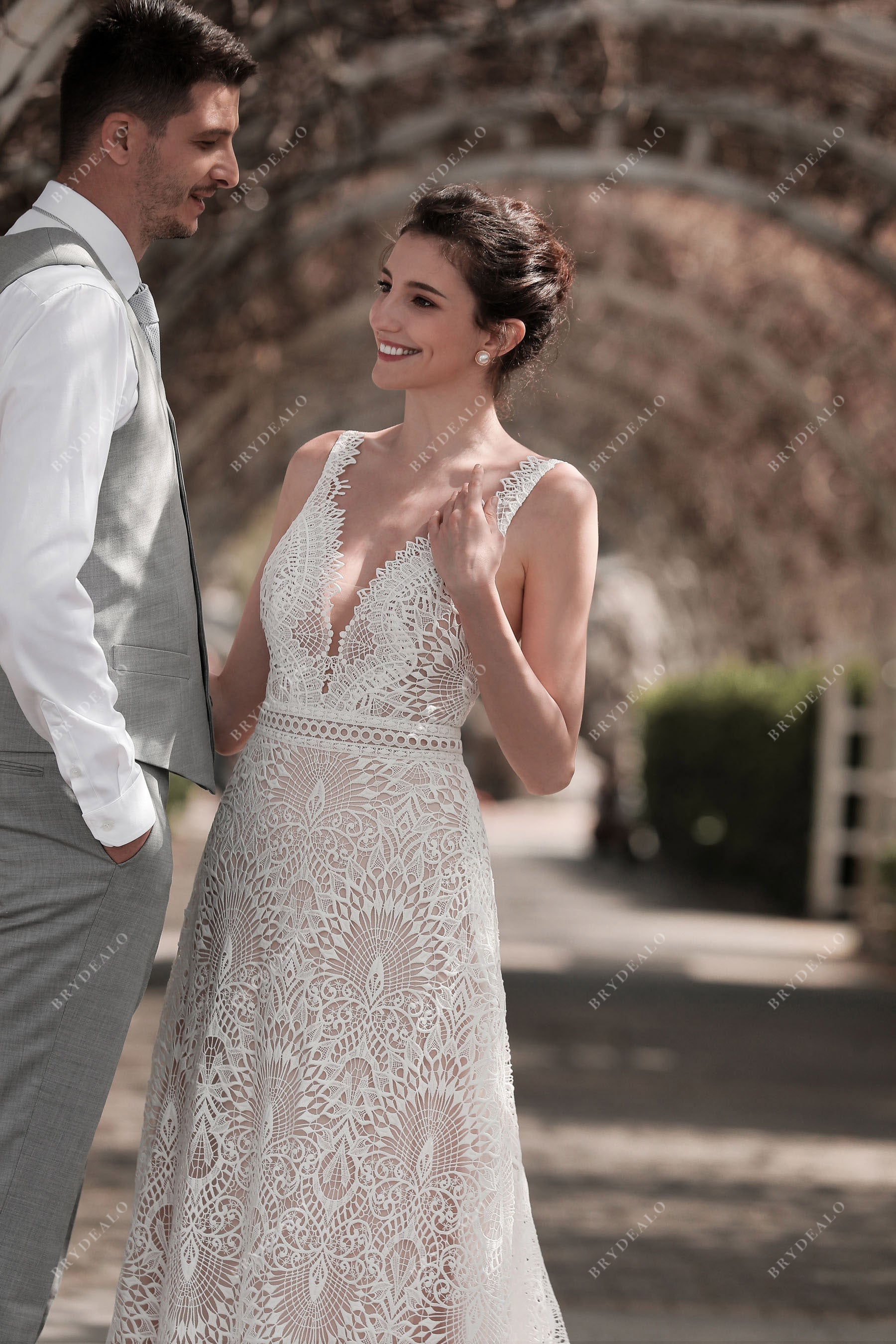 V-neck sleeveless unique lace bridal gown