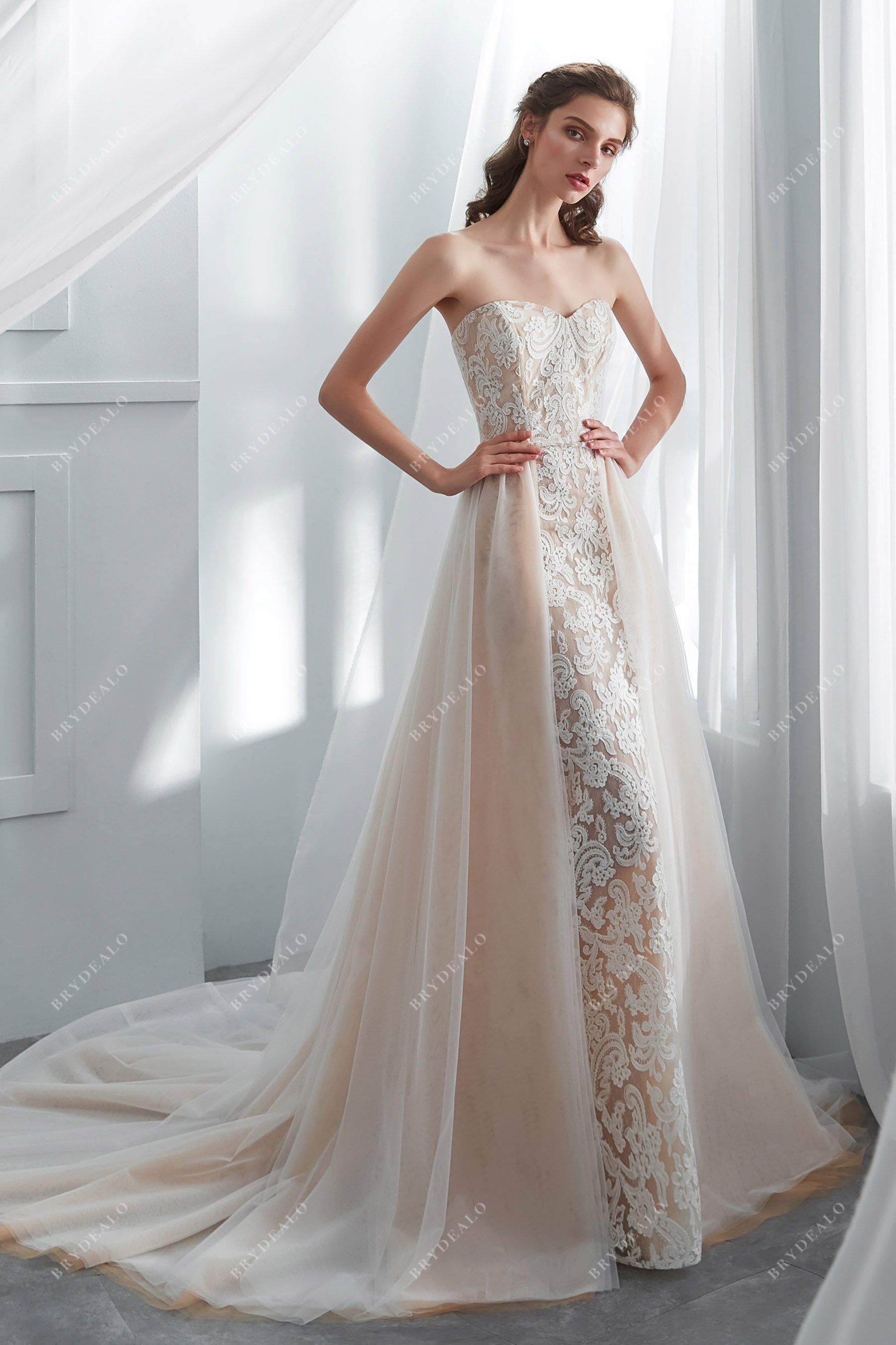tulle bottom mermaid wedding dress LADIVINE CD858W STRAPLESS MERMAID WEDDING DRESS & REMOVABLE SLEEVES OFF White / 10