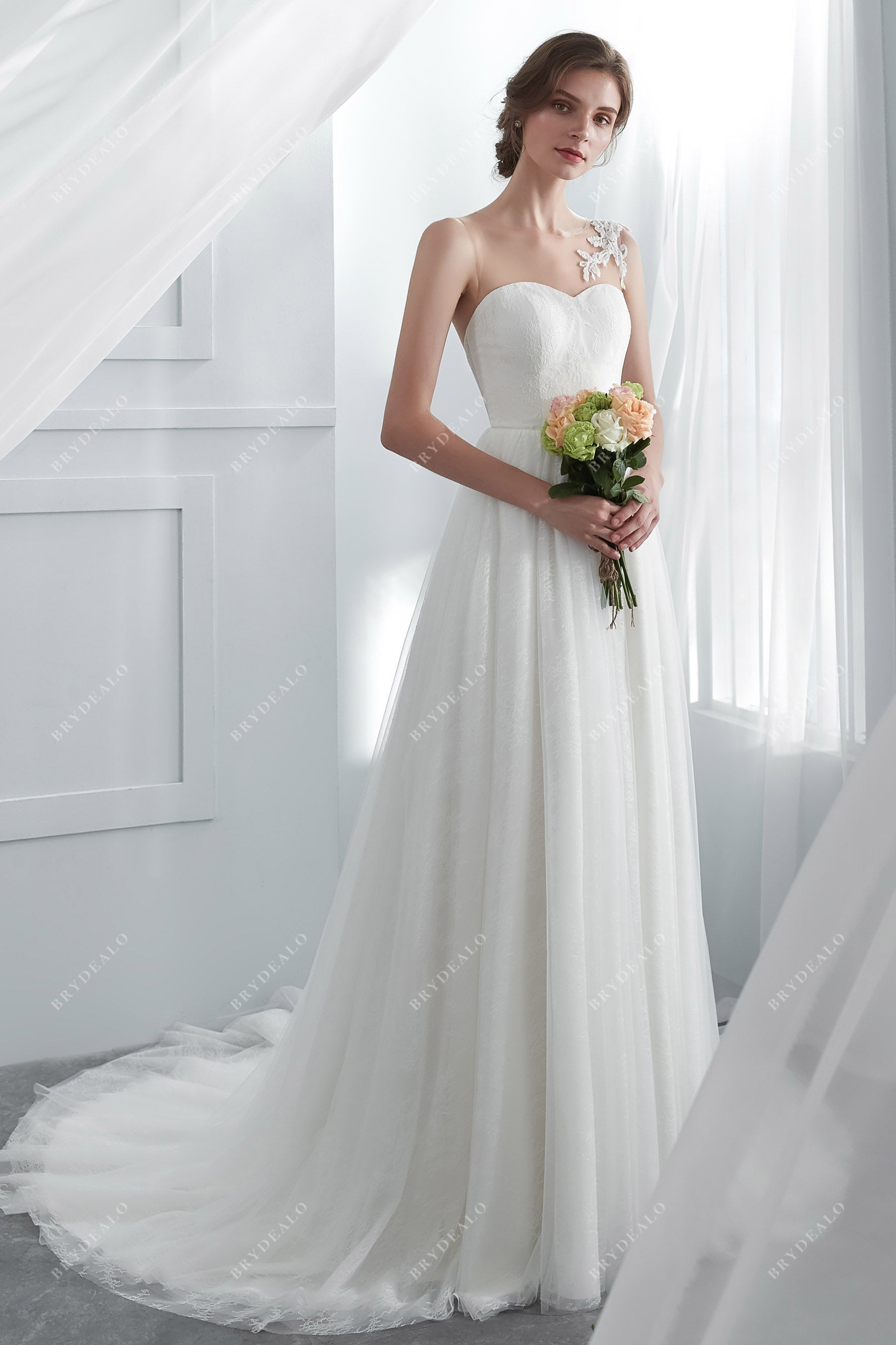 Designer Beaded Lace Illusion Neck A-Line Summer Bridal Gown Designer Beaded Lace Illusion Neck A-Line Summer Bridal Gown