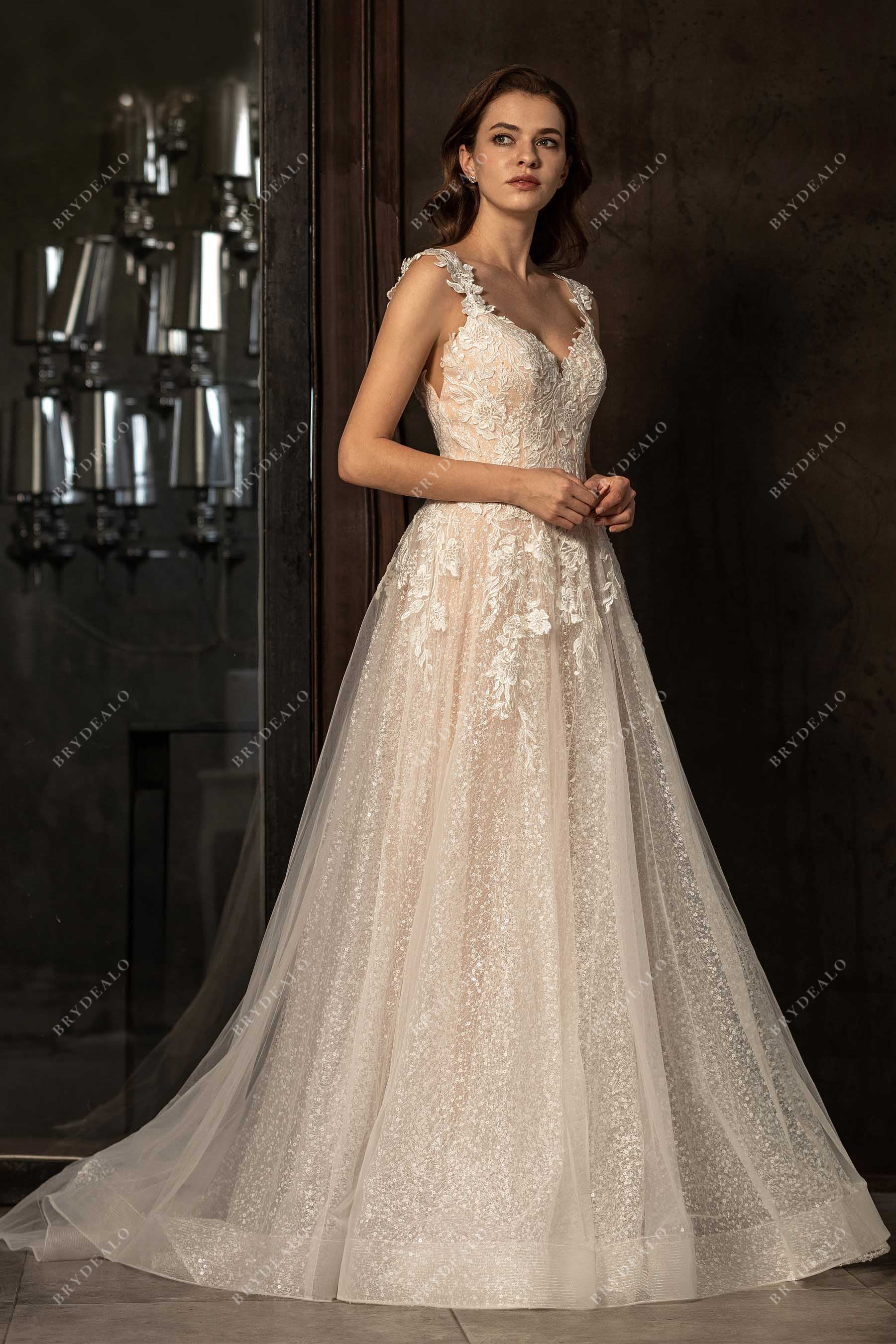 Beautiful Wild Lace Strap Designer Sequin Nude Pink Bridal Ball Gown, Nude Pink