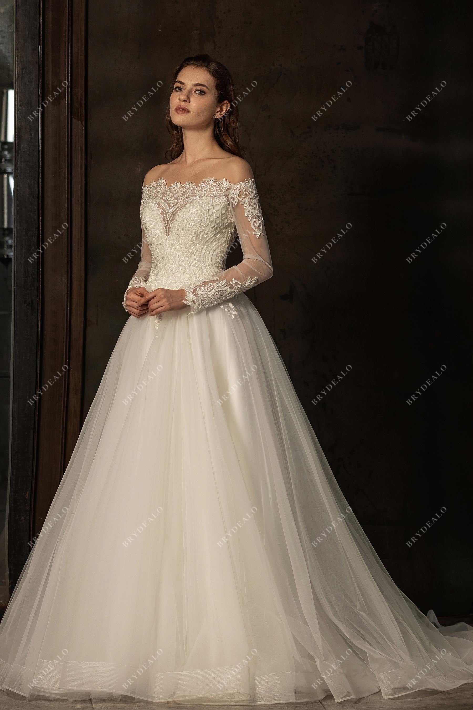 Off-Shoulder Illusion Sleeve Designer Beaded Lace Wedding Ball Gown