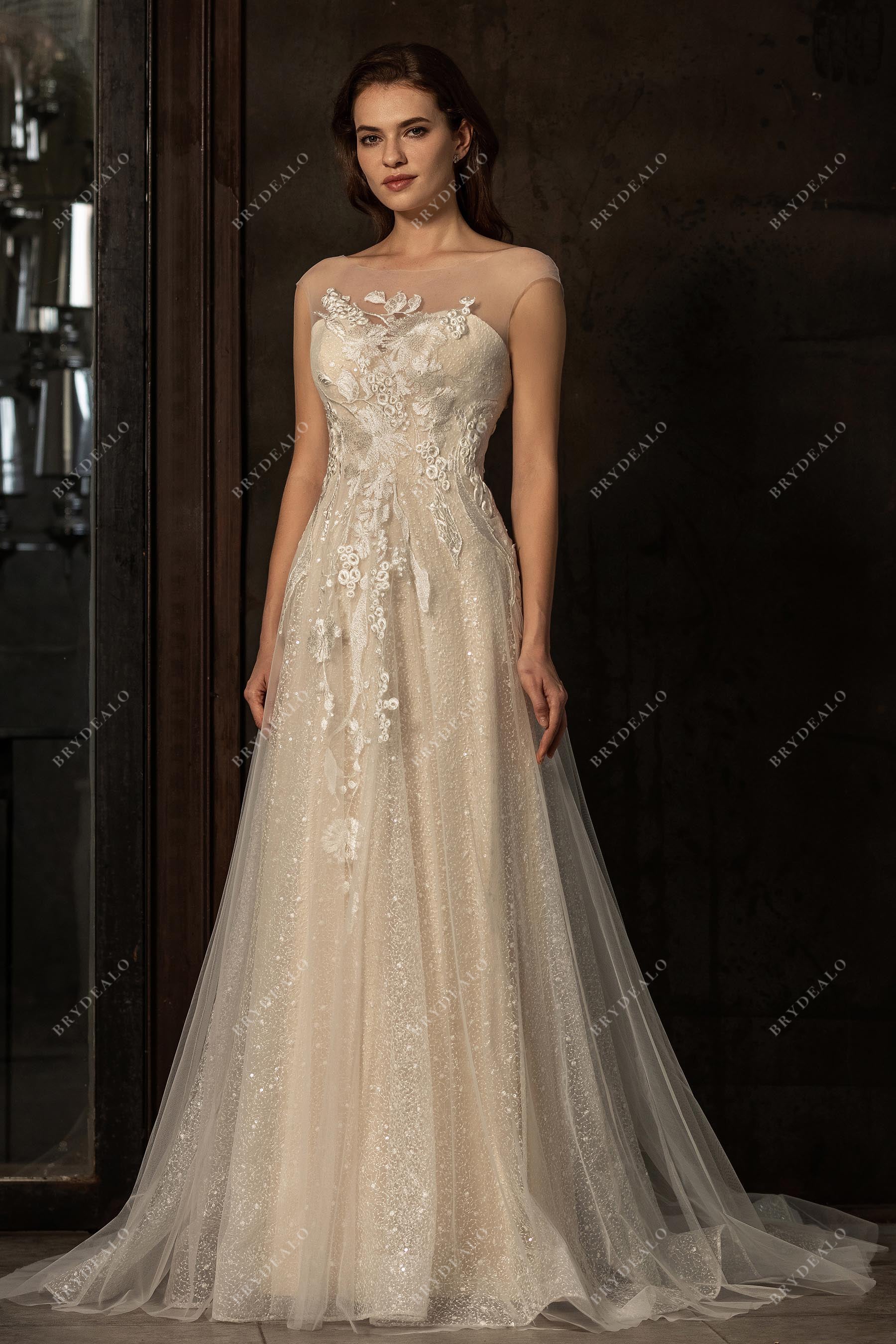 Sheer Cap Sleeve Beautiful Sequin Lace A-line Champagne Wedding Dress, White Sheer Cap Sleeve Beautiful Sequin Lace A-line Champagne Wedding Dress, White