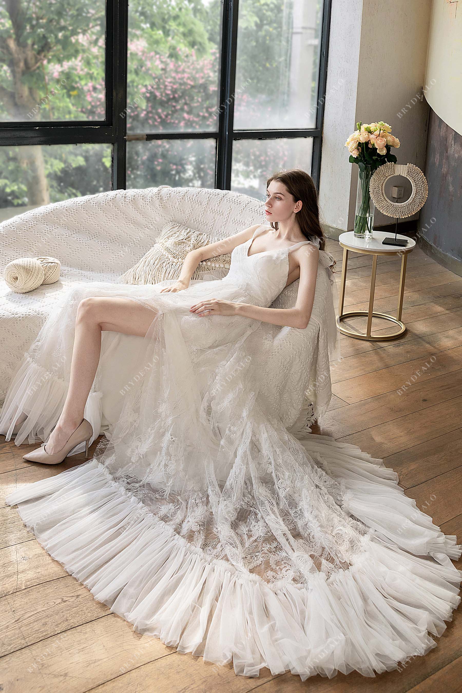High Slit Lace Beach Ruffled A-Line V-Neck Fairytale Wedding Dress High Slit Lace Beach Ruffled A-Line V-Neck Fairytale Wedding Dress