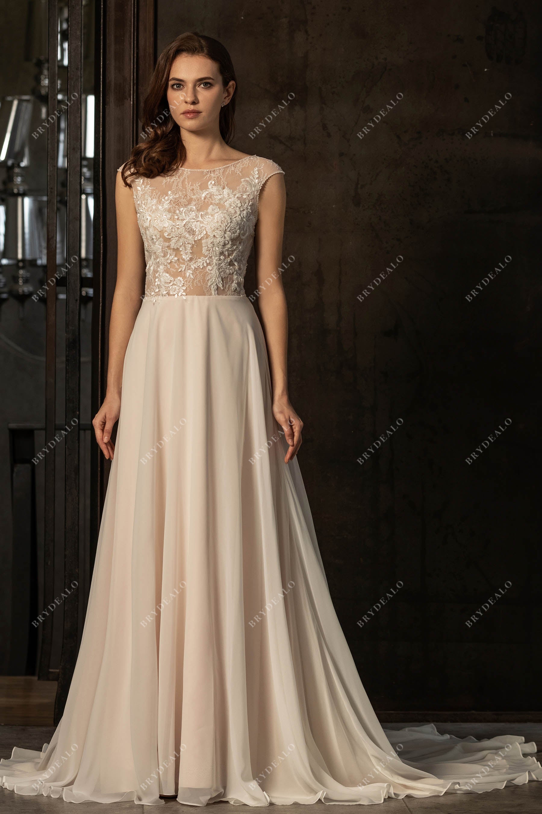 Cap Sleeve Subtle Beaded Lace Flowy Beach Nude Pink Wedding Dress, White Cap Sleeve Subtle Beaded Lace Flowy Beach Nude Pink Wedding Dress, White