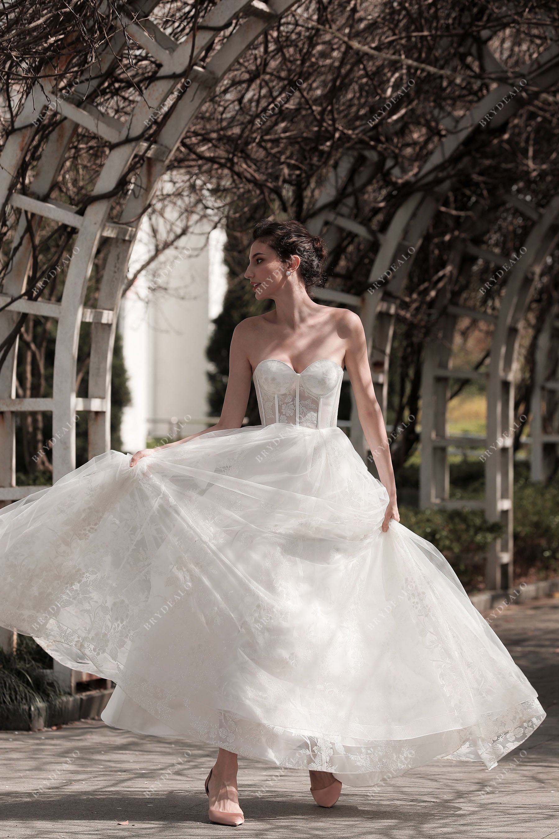 Designer Sheer Corset Lace Ivory Strapless A-Line Spring Wedding Dress Designer Sheer Corset Lace Ivory Strapless A-Line Spring Wedding Dress