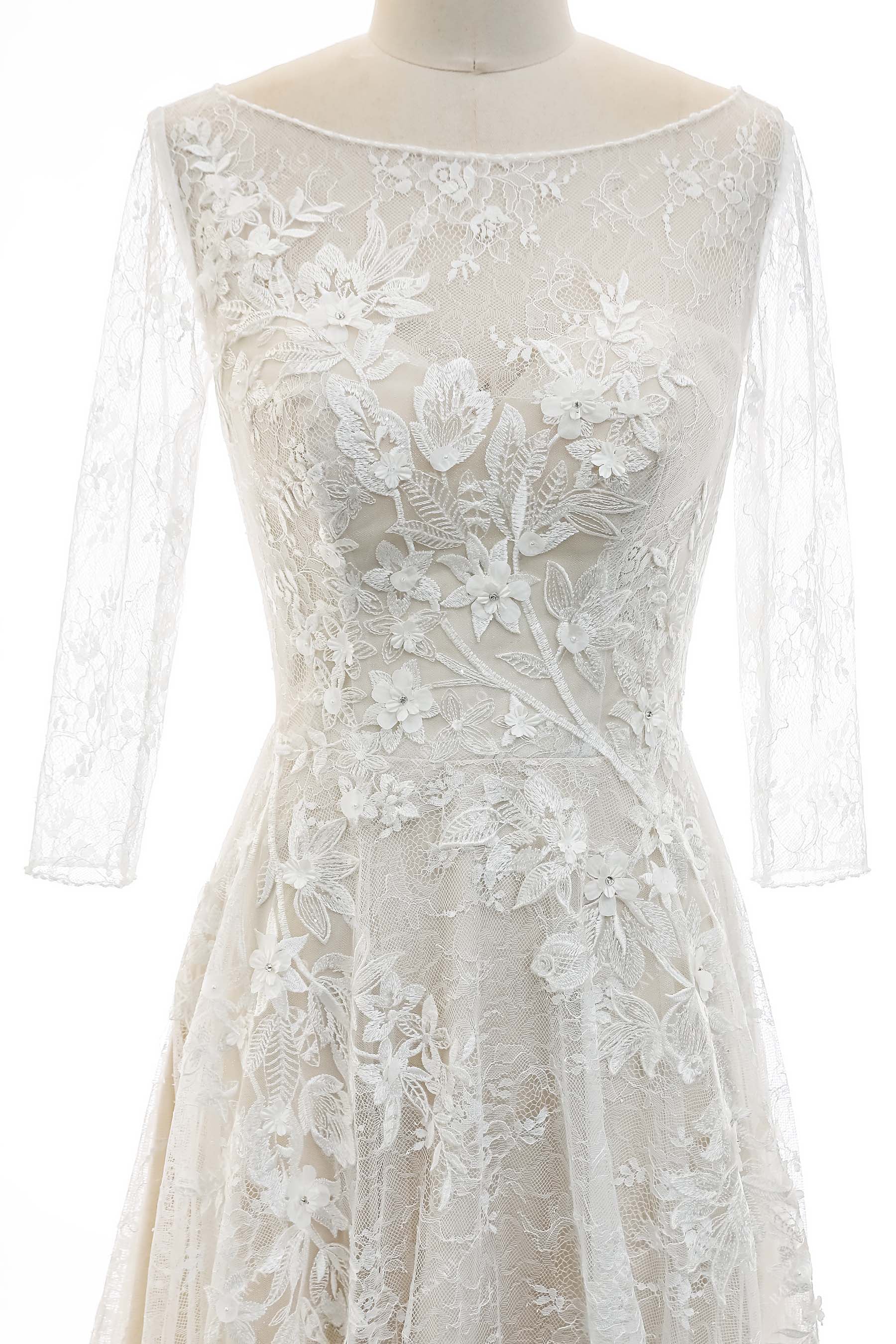 sheer lace sleeves bateau neck country bridal dress