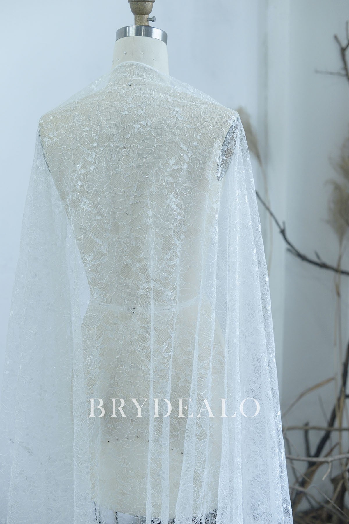 Shimmery Leaf Pattern Sheer Sequined Lace Fabric Online