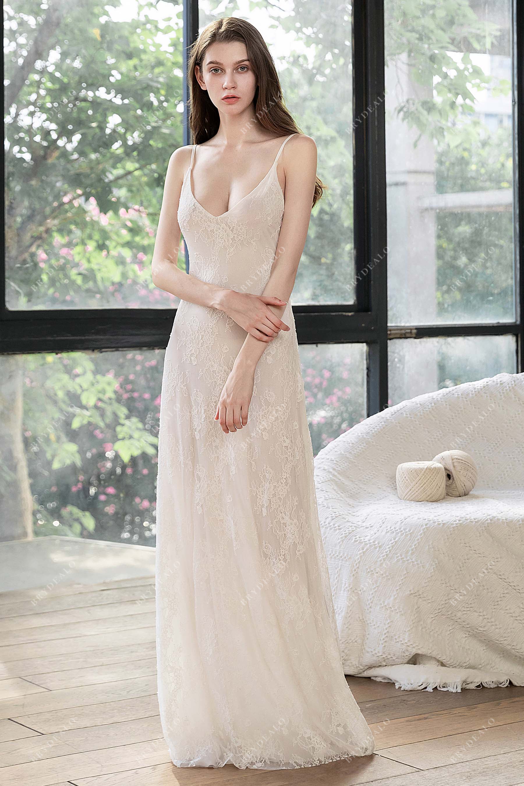 simple lace thin straps beach bridal slip gown