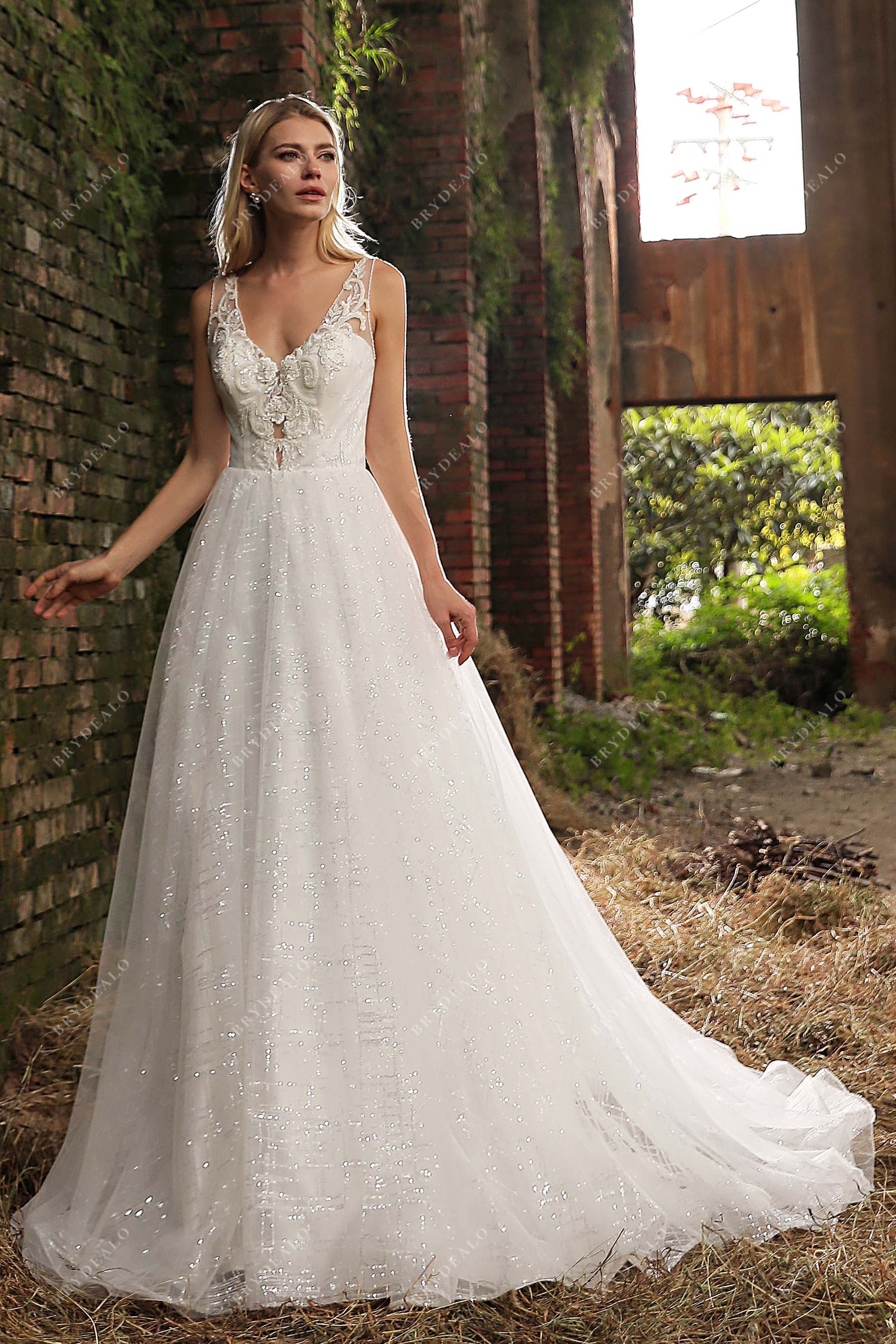 Plunging Neck Beaded Lace Destination Sequined Bridal Dress Plunging Neck Beaded Lace Destination Sequined Bridal Dress
