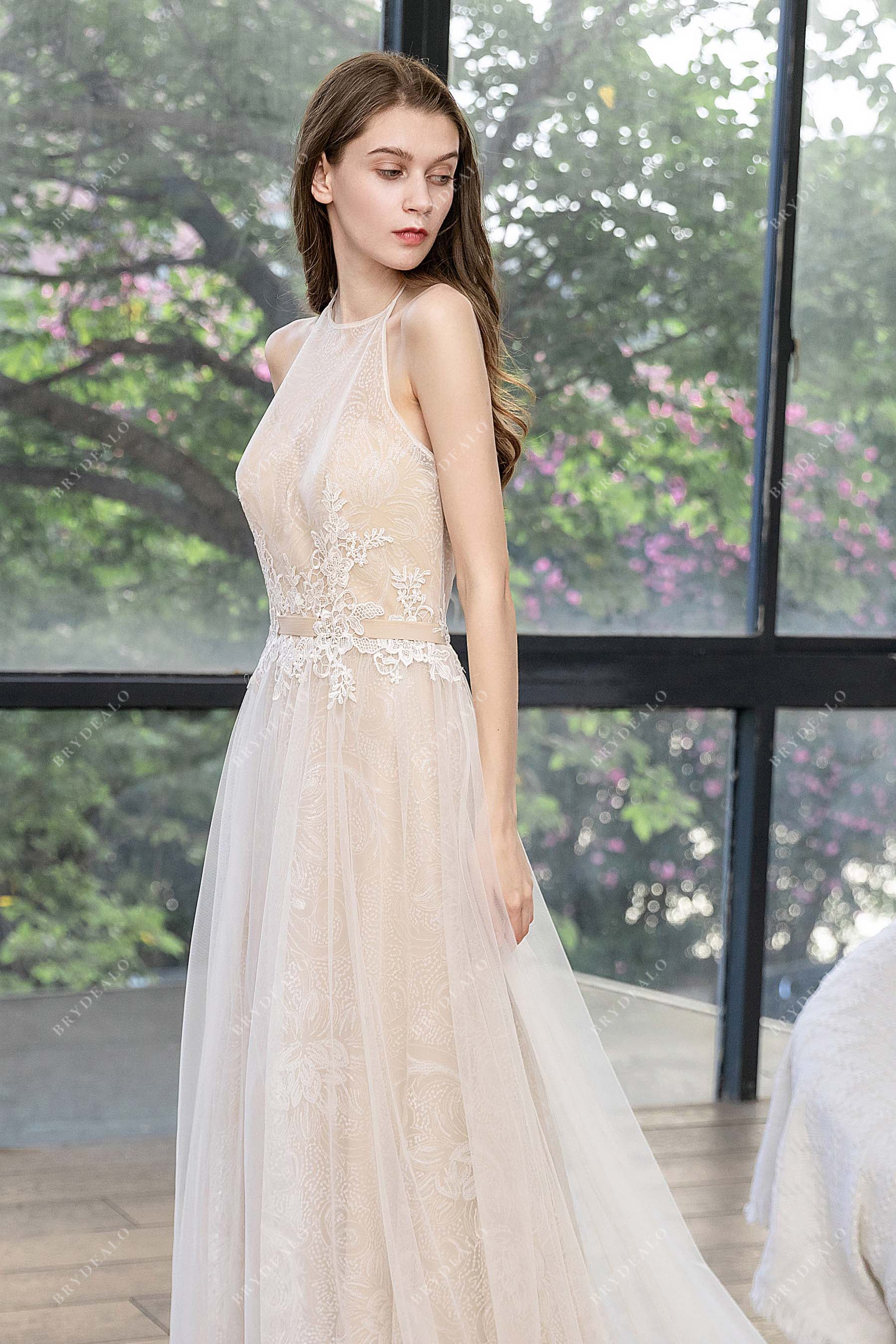 Sleeveless Lace Halter Thin Strap Beige Beach Wedding Dress