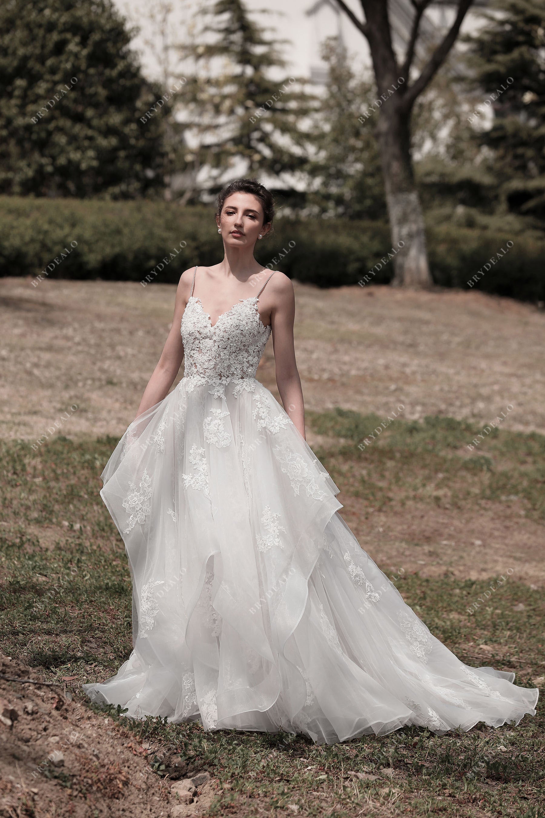 Spaghetti Strap Lace Ball Gown Ruffled Tulle Bridal Dress