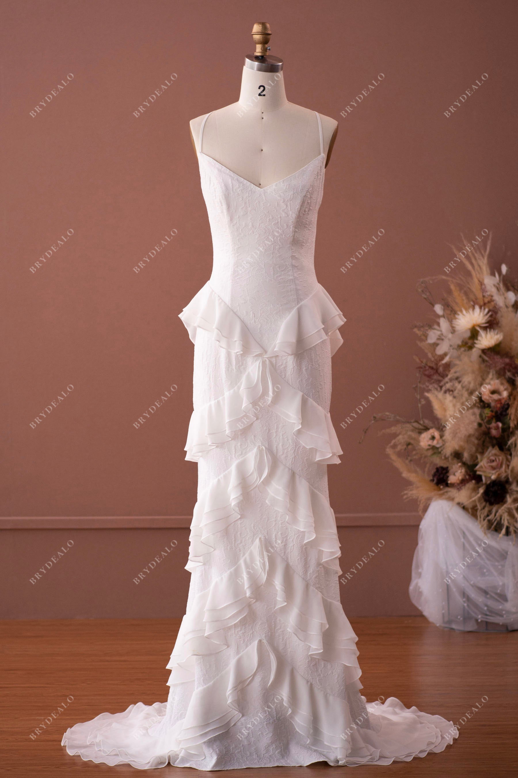 Feminine Ruffled Mermaid Thin Straps Wedding Dress