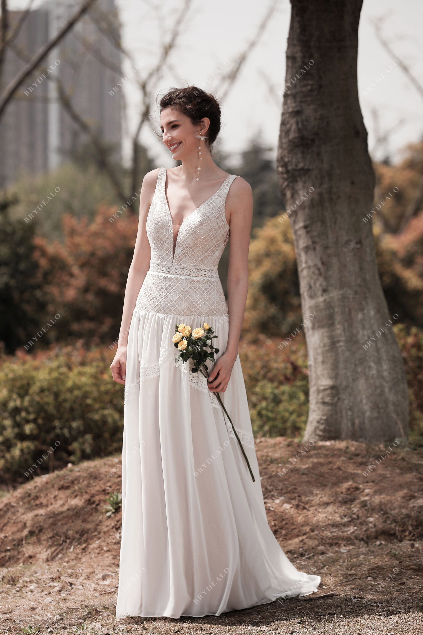 drop waist designer chiffon wedding gown