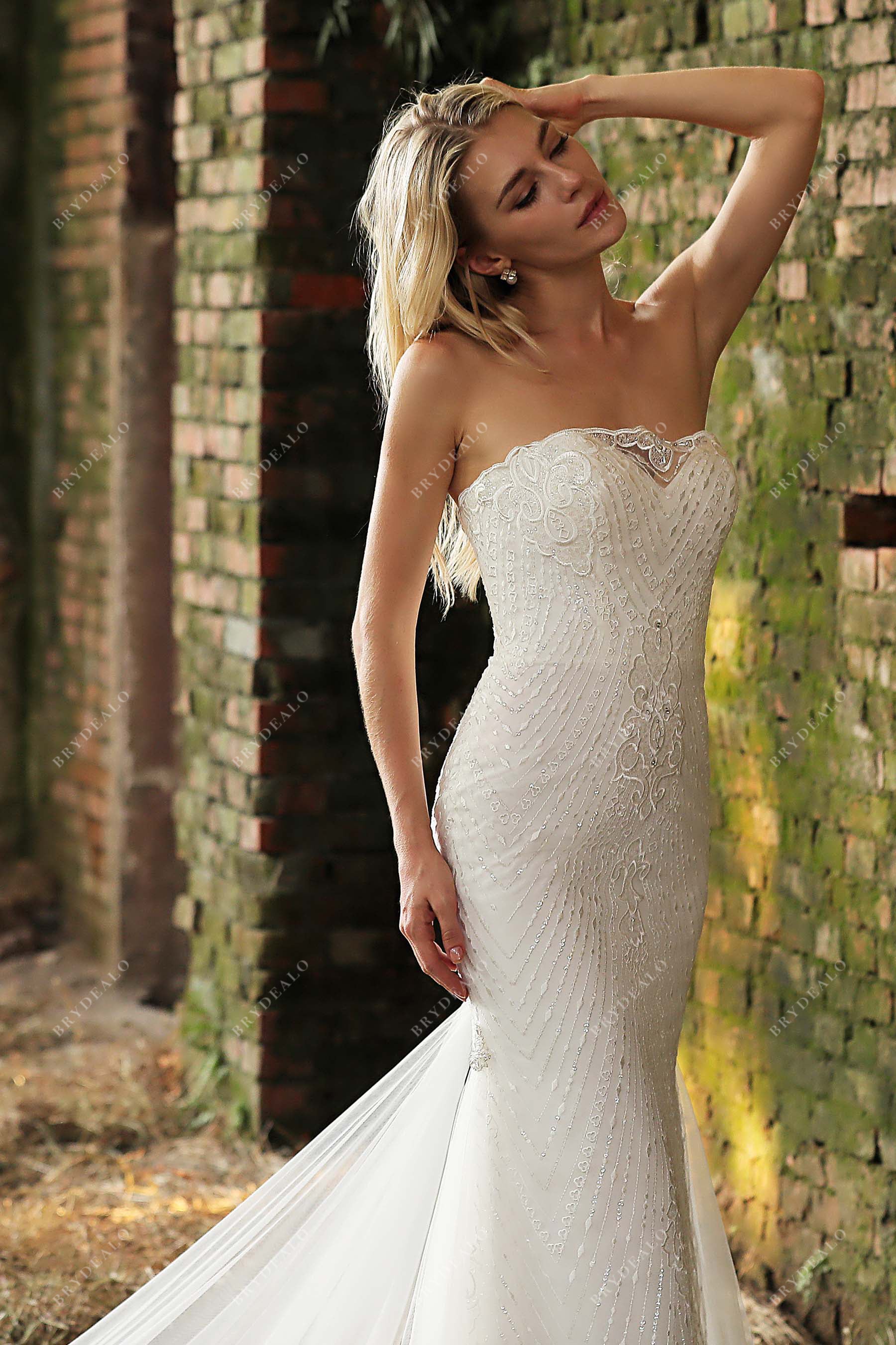Designer Strapless Beaded Lace Wedding Dress
