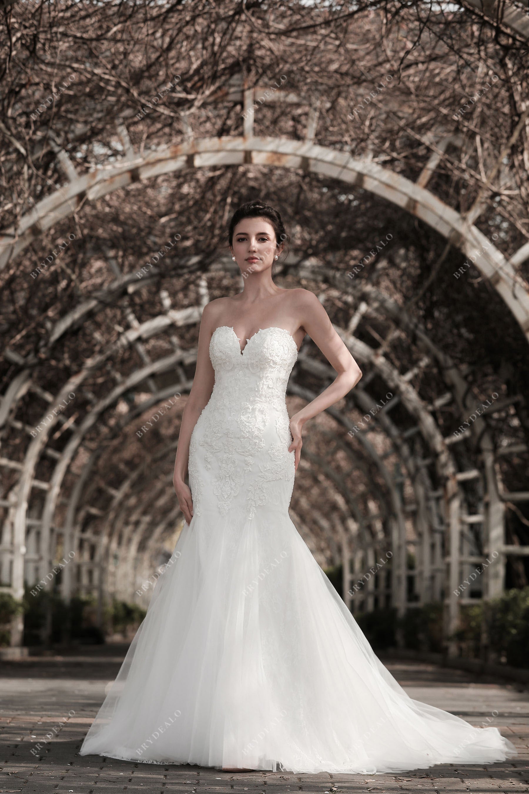 Strapless Sweetheart Designer Lace Mermaid Destination Bridal Dress Strapless Sweetheart Designer Lace Mermaid Destination Bridal Dress