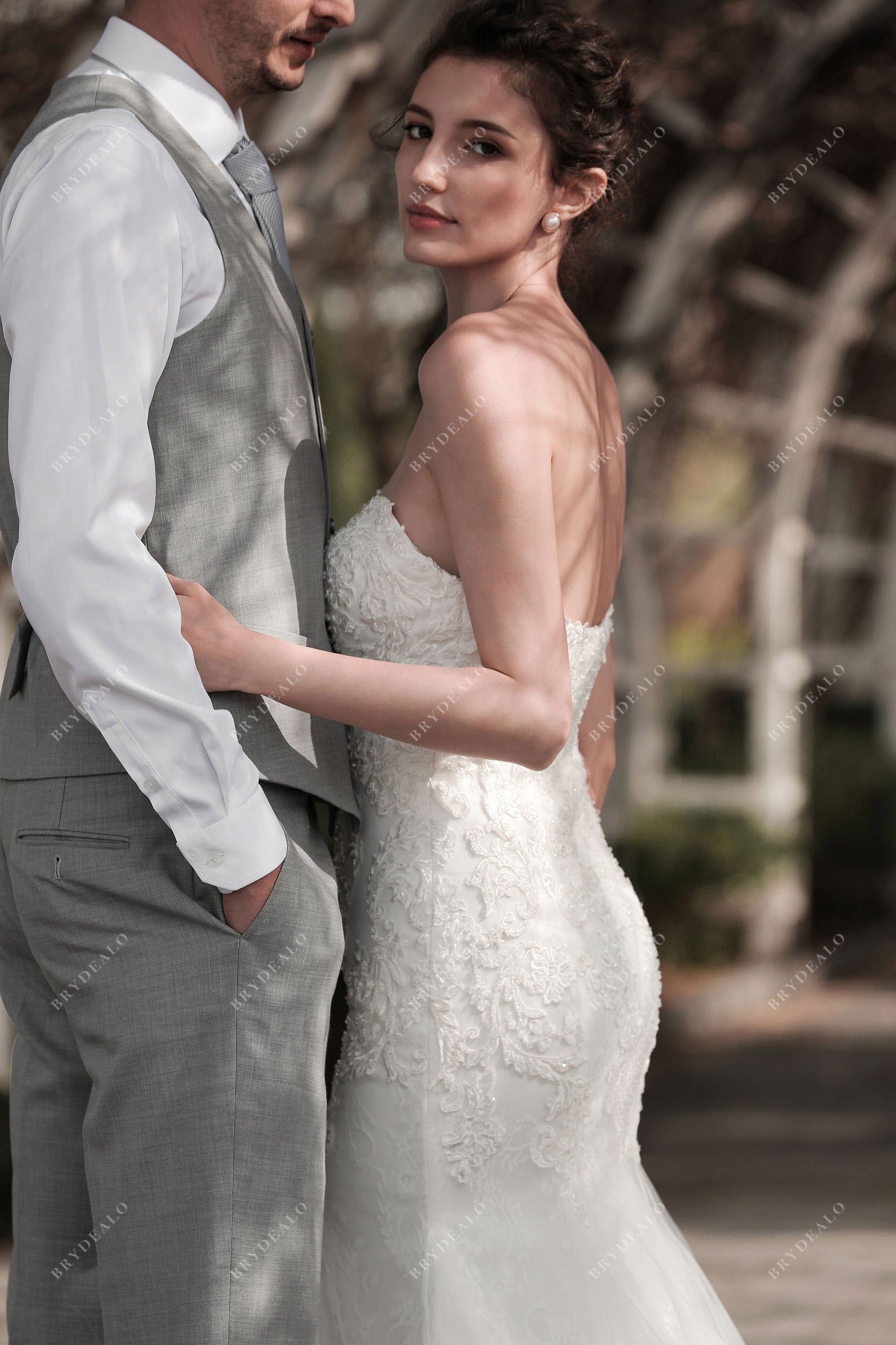 strapless lace tulle destination bridal gown