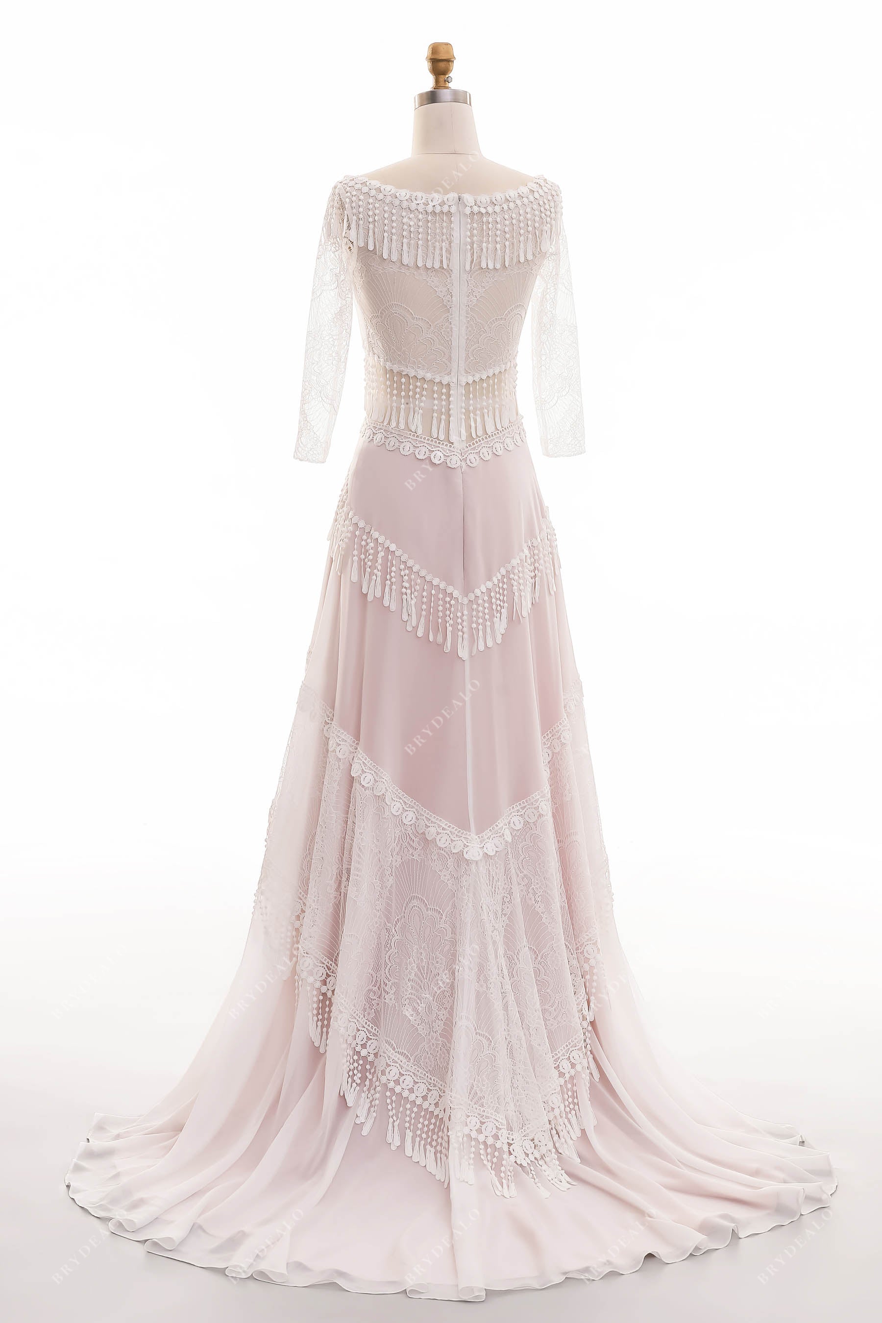 sweep train boho tassels pearl pink destination wedding gown