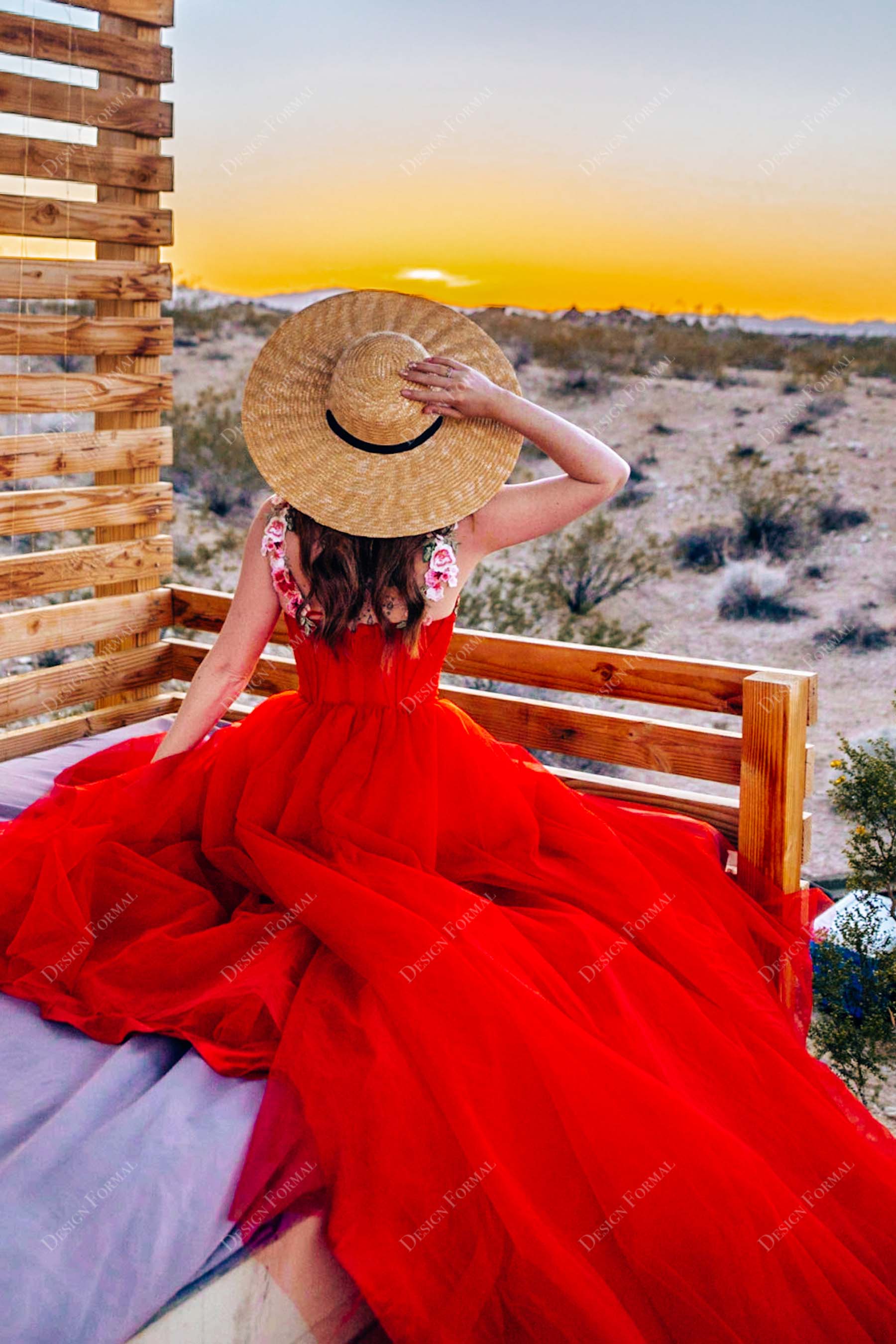 Talia red corset A-line tulle formal gown