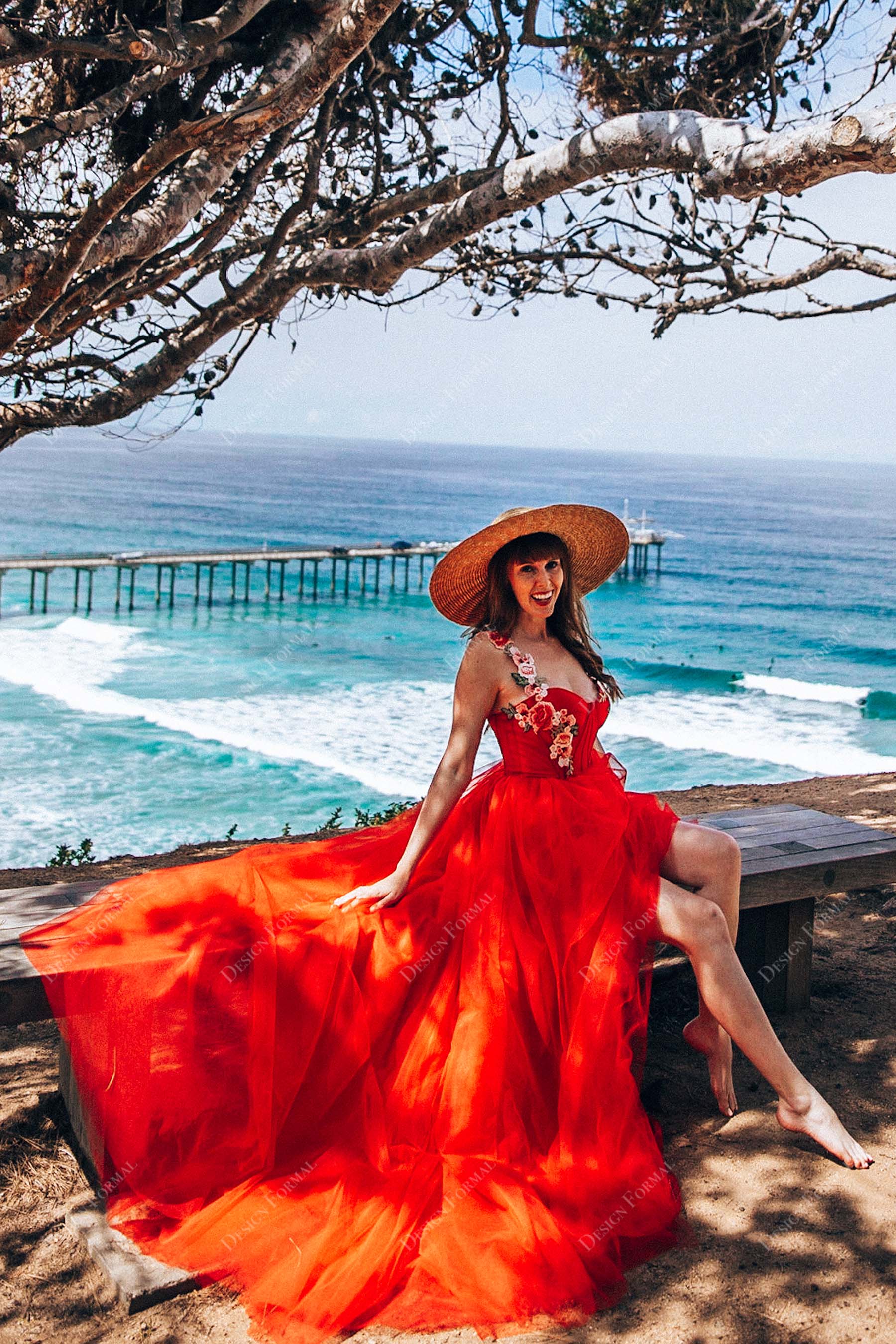 Talia romantic flower straps red tulle slit beach dress