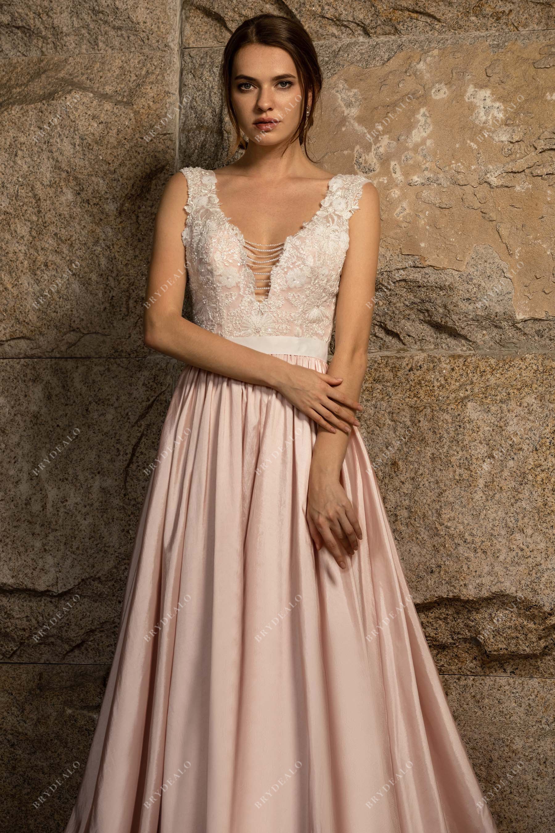 tasseled plunging neck sleeveless destination wedding dress