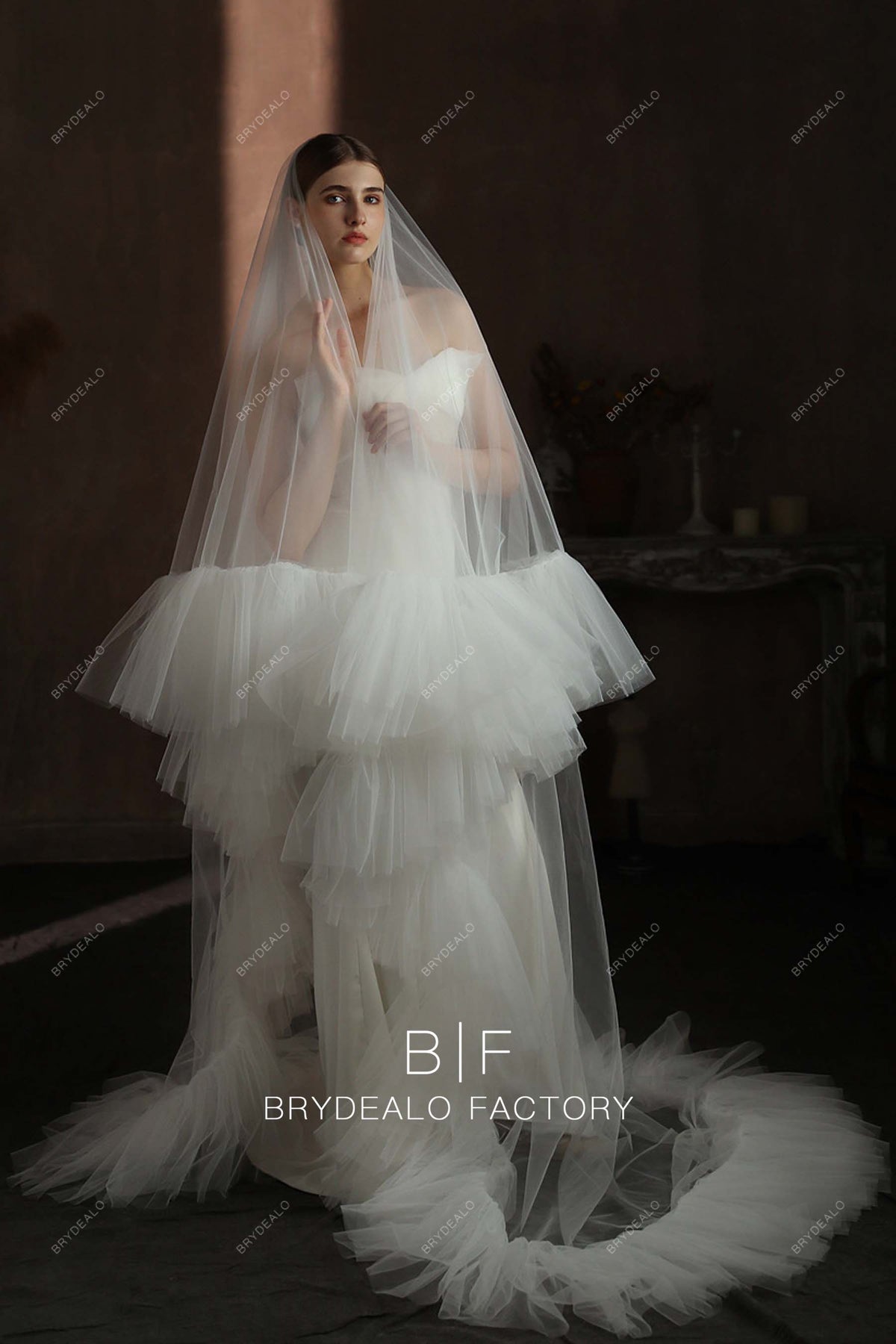 Beautiful Tulle Ruffle Bridal Veil - Tiered Wedding Veil Ruffle Chapel Wedding Veil | Bridal Veils & Capes | Grace +  main image 2