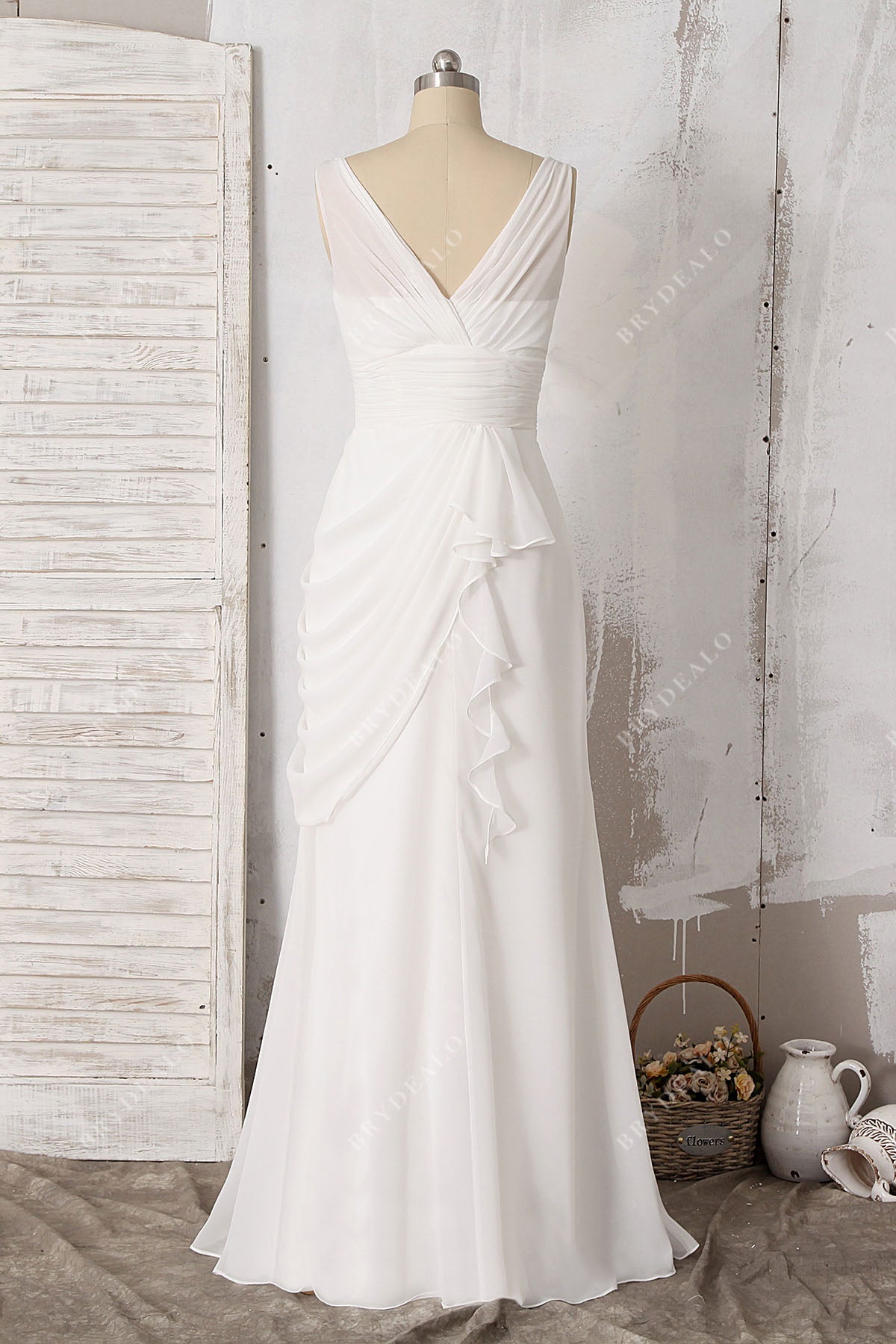 V-neck floor length destination wedding dress