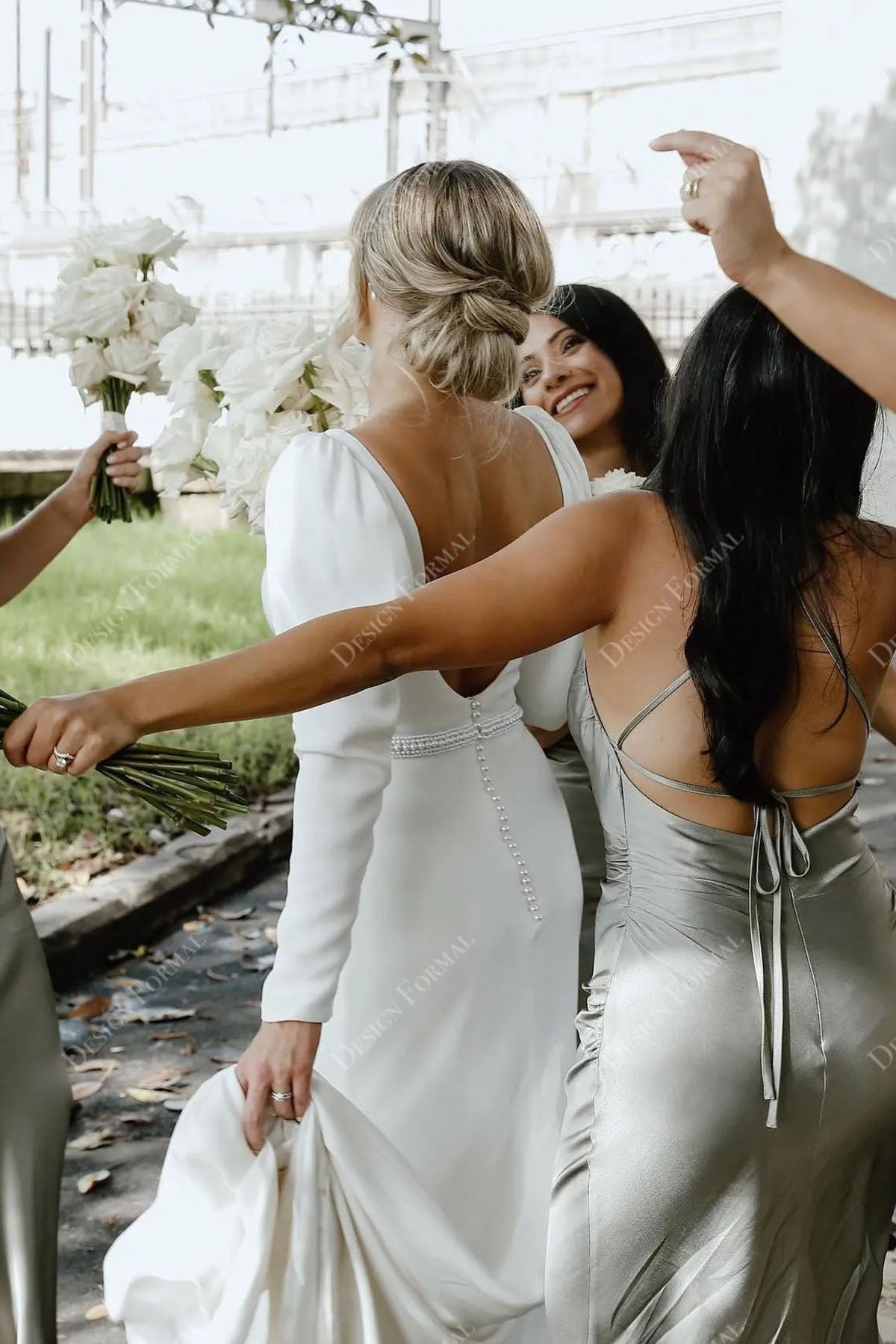 V-back pearls crepe puffy sleeves wedding dress