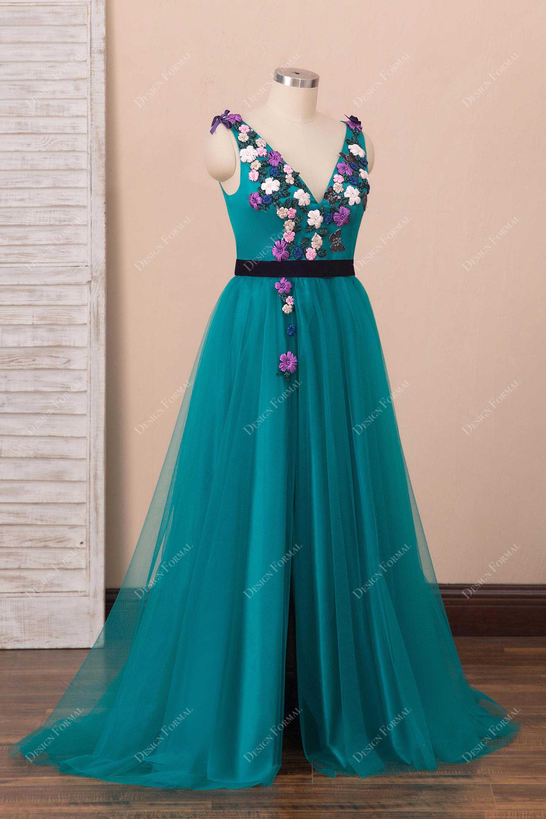 V-neck A-line slit prom dress