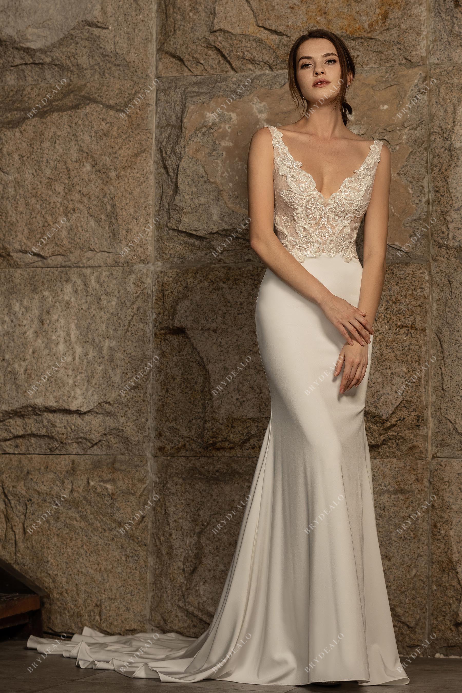 Designer Beaded Lace Plunging Satin Mermaid Wedding Dress Designer Beaded Lace Plunging Satin Mermaid Wedding Dress