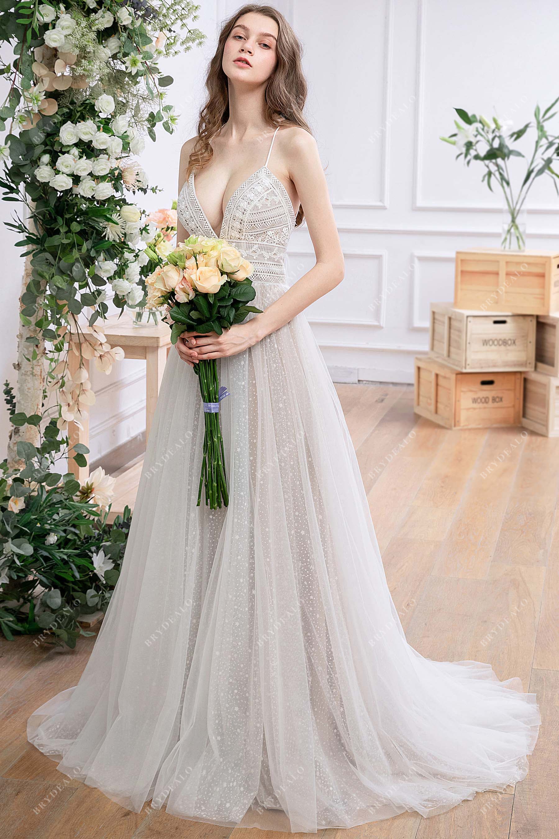 Bohemian Lace Tulle CrissCross Back Thin Straps Oyster Wedding Dress, Light Ivory Bohemian Lace Tulle CrissCross Back Thin Straps Oyster Wedding Dress, Light Ivory
