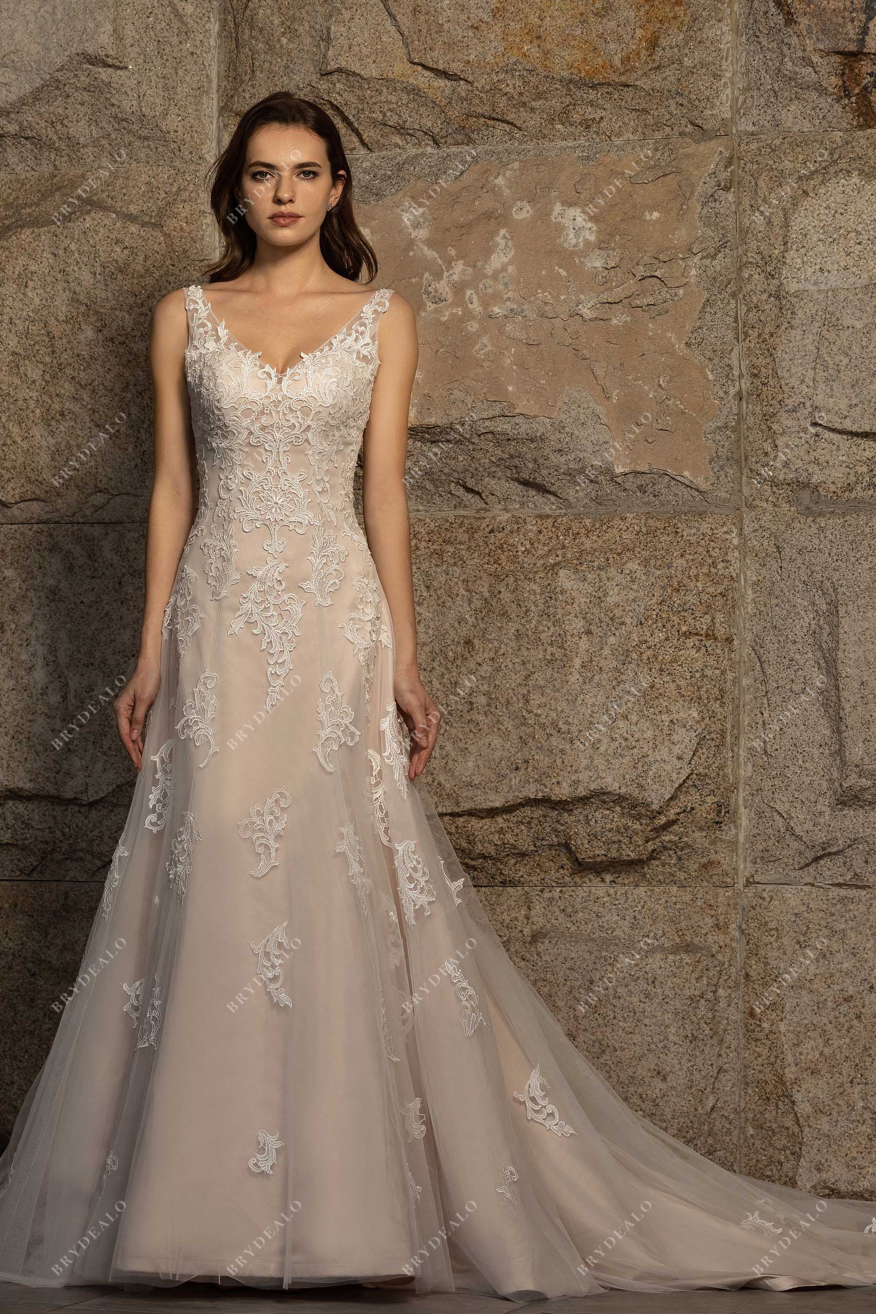 Nude Pink Sleeveless Fit & Flare Demure Lace Court Train Bridal Gown