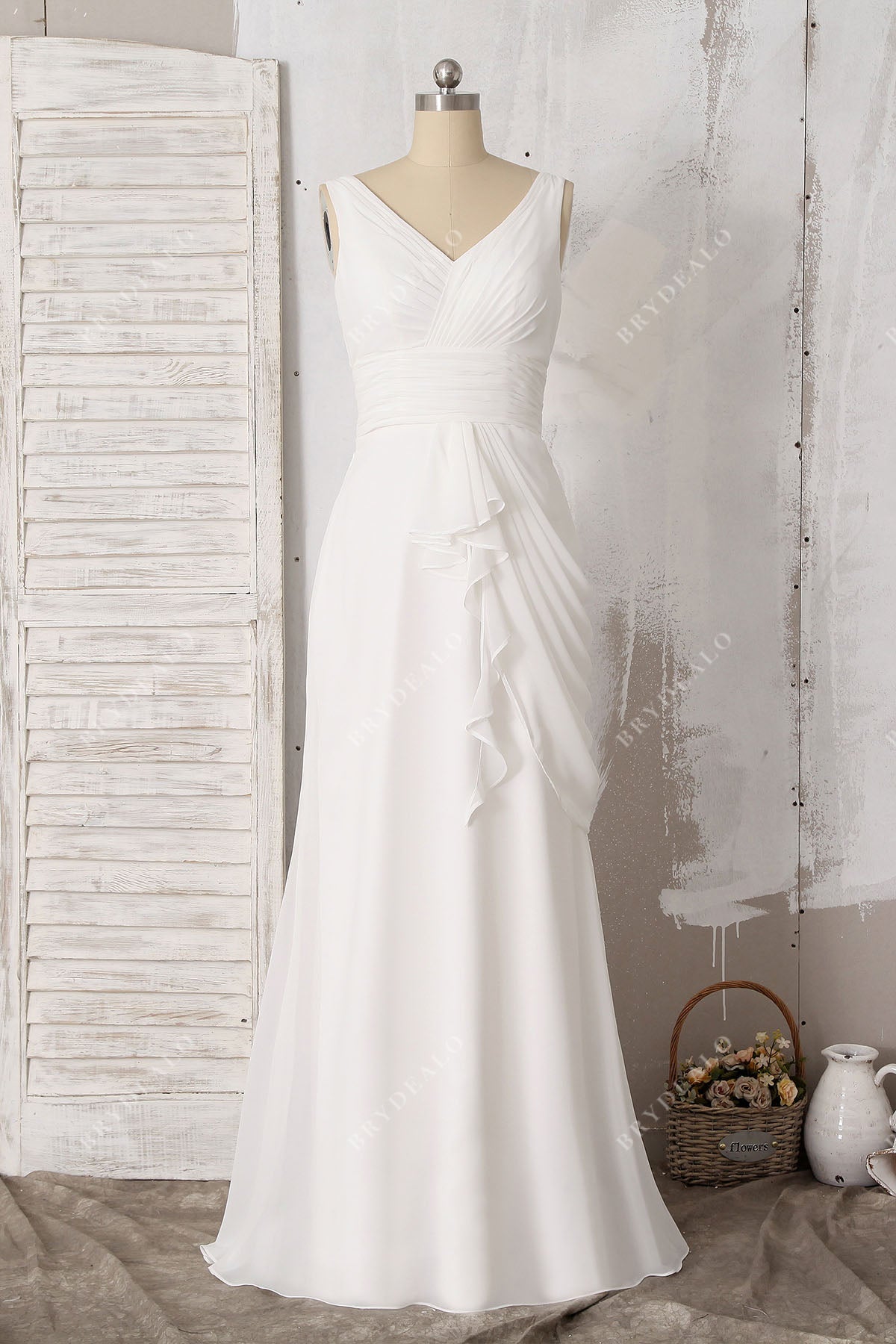 V-neck Chiffon Draped Grecian Slim Floor Length Wedding Dress, Champagne V-neck Chiffon Draped Grecian Slim Floor Length Wedding Dress, Champagne