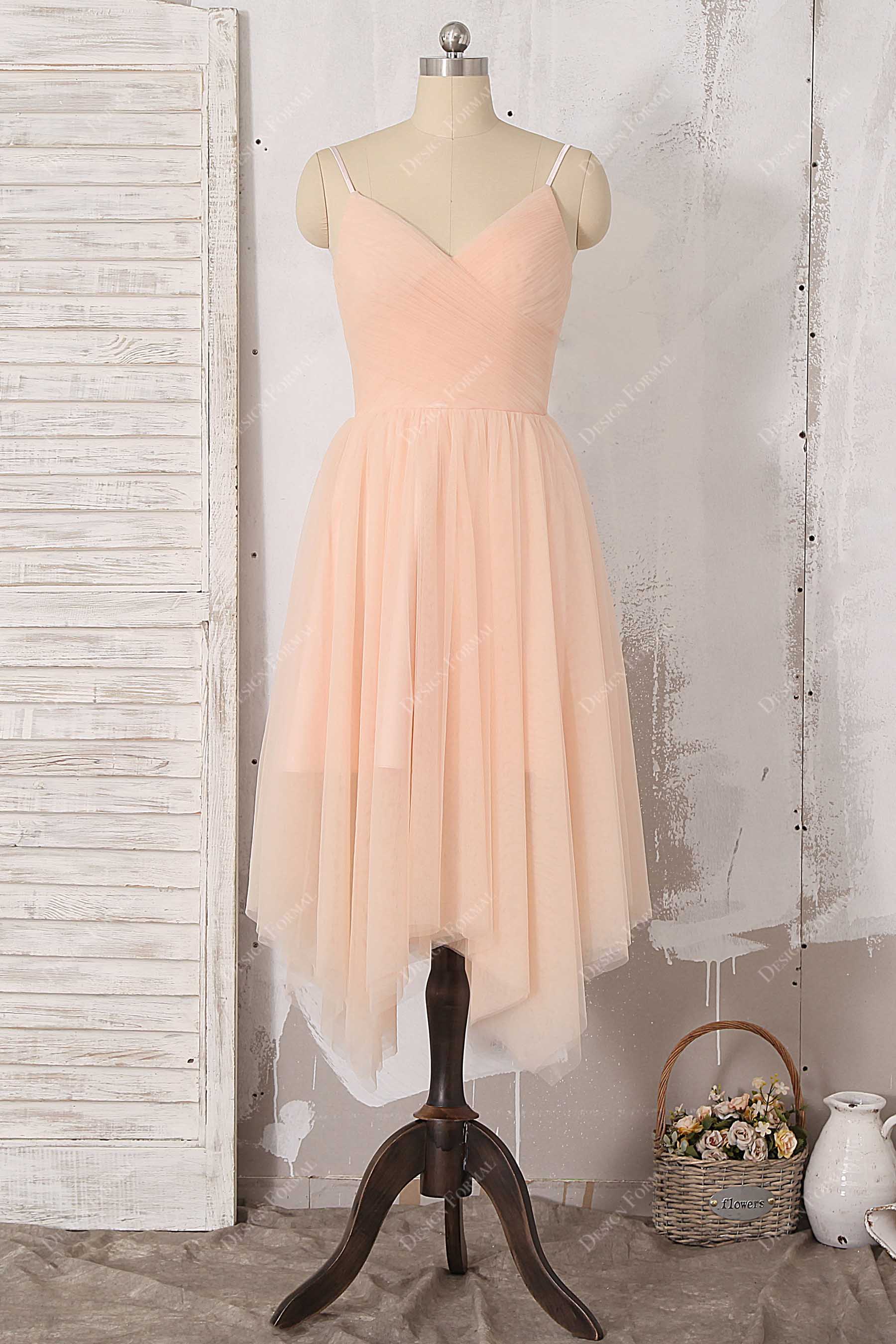Peach Spaghetti Strap Tea Length Chiffon Homecoming Bridesmaid Dress Peach Spaghetti Strap Tea Length Chiffon Homecoming Bridesmaid Dress