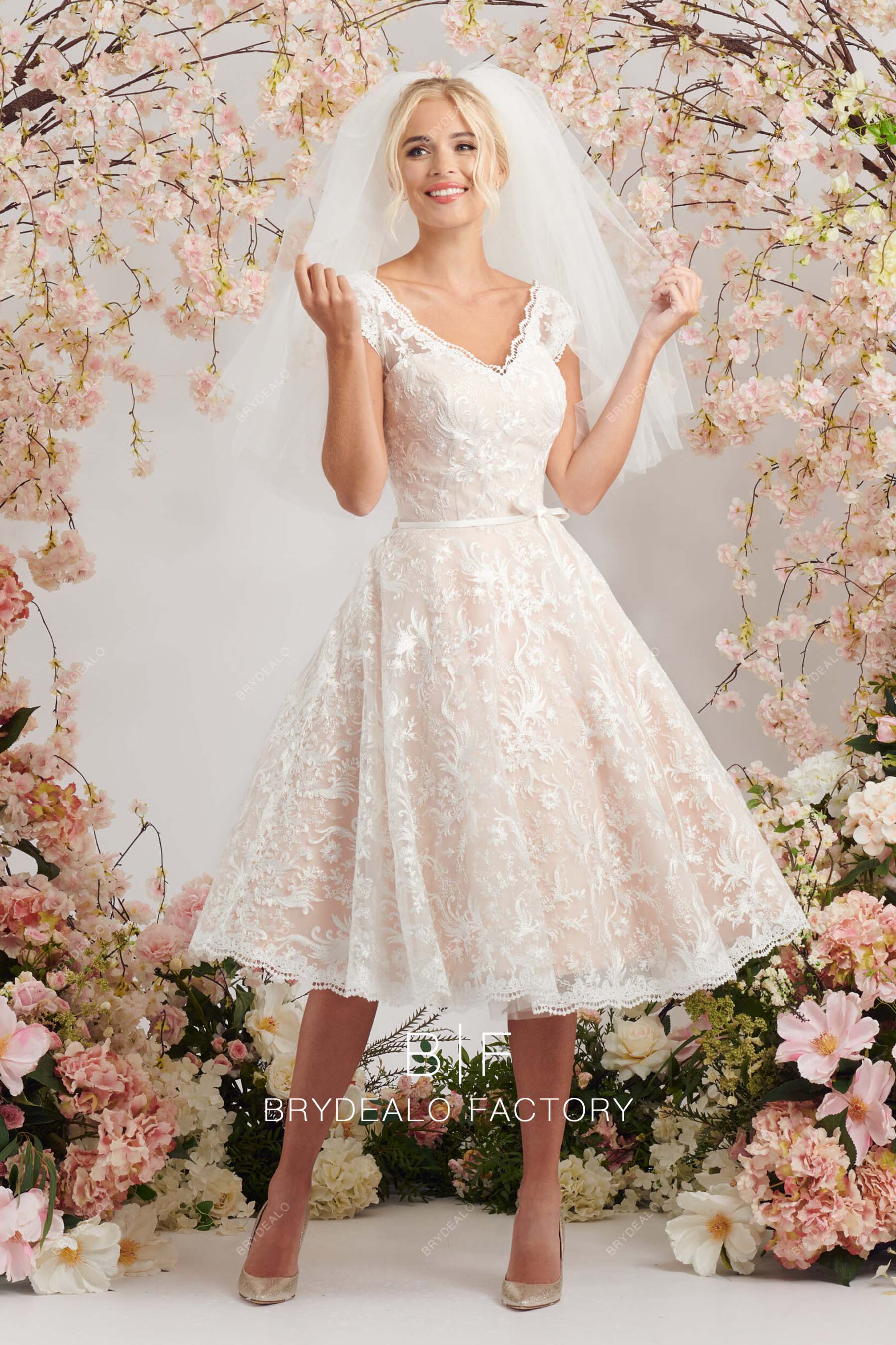 Cute Lace V-neck Popular Blush A-line Custom Knee Length Wedding Gown, White Cute Lace V-neck Popular Blush A-line Custom Knee Length Wedding Gown, White