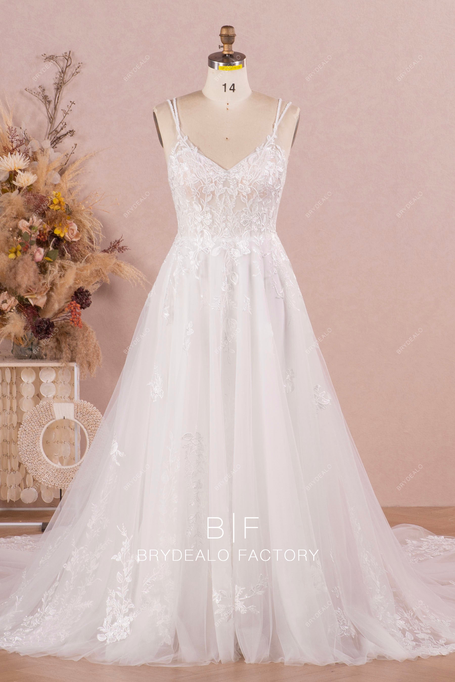 Sleeveless Lace Tulle Beaded Straps Romantic Long Wedding Dress Sleeveless Lace Tulle Beaded Straps Romantic Long Wedding Dress
