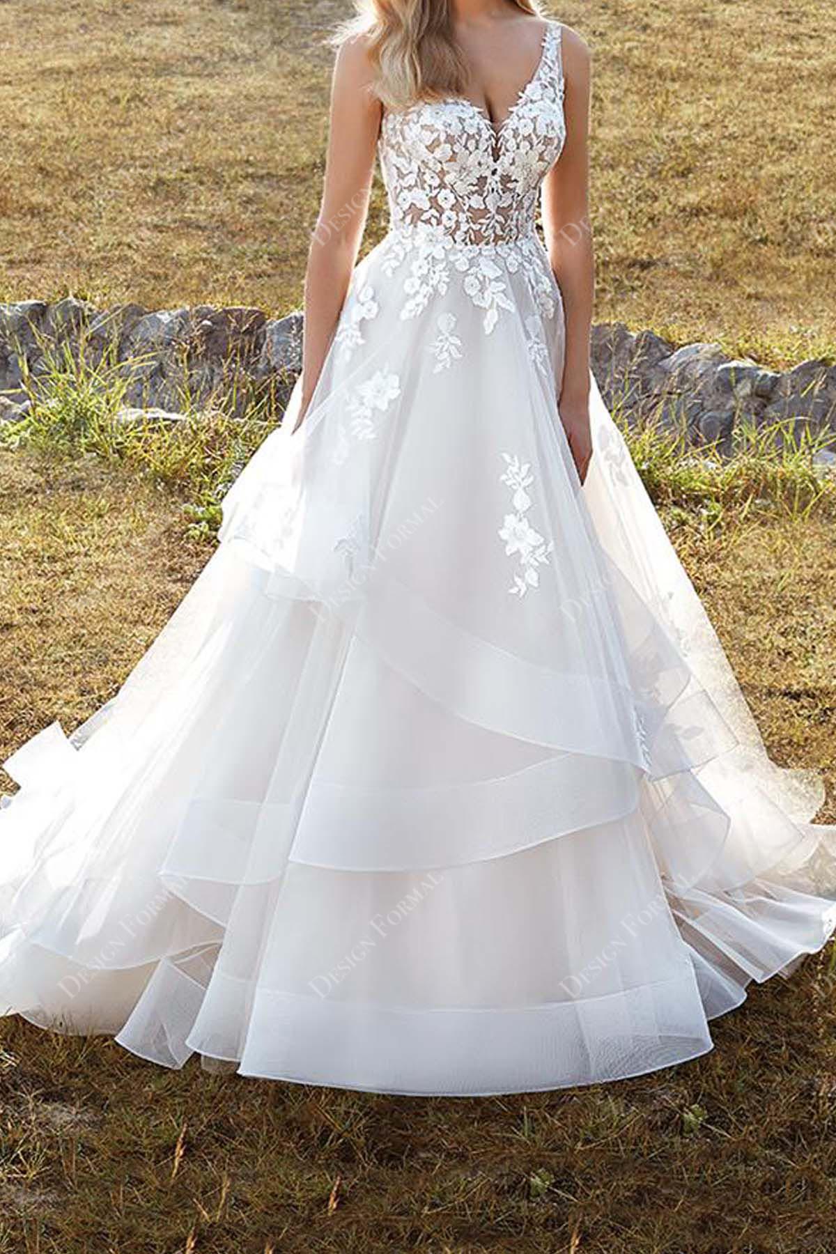V-neck Lace A-line Tulle Destination Hand-Made Wedding Dress