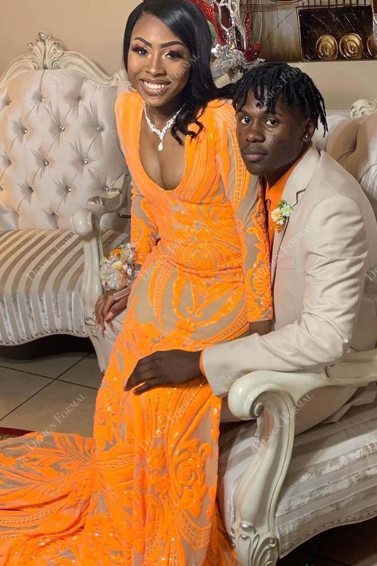 Orange Sequin Long Sleeves Mermaid Tailor Made Prom Dress