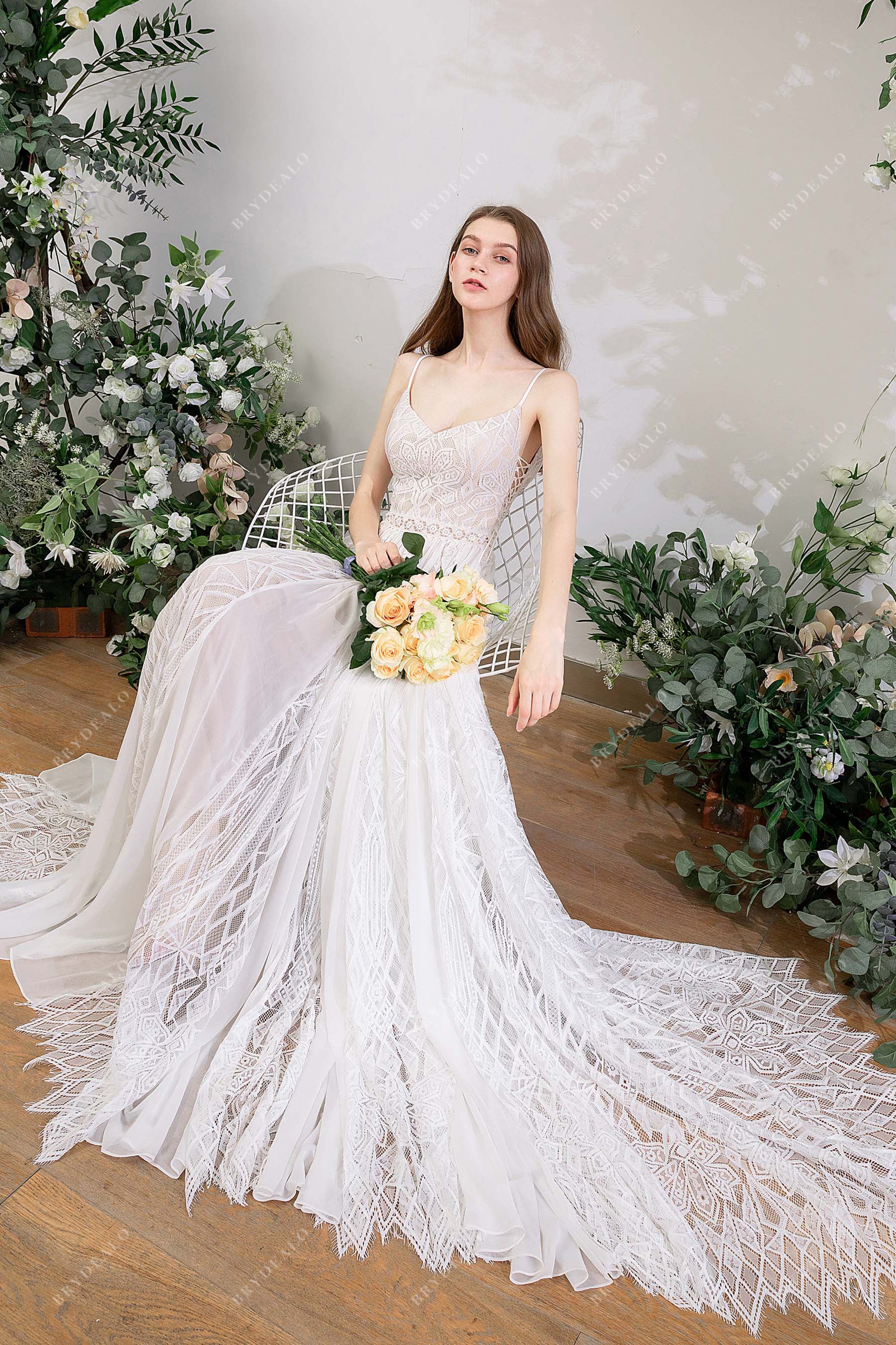 Designer Geometry Lace Bohemian Beige A-Line Summer Wedding Dress, Light Ivory Designer Geometry Lace Bohemian Beige A-Line Summer Wedding Dress, Light Ivory