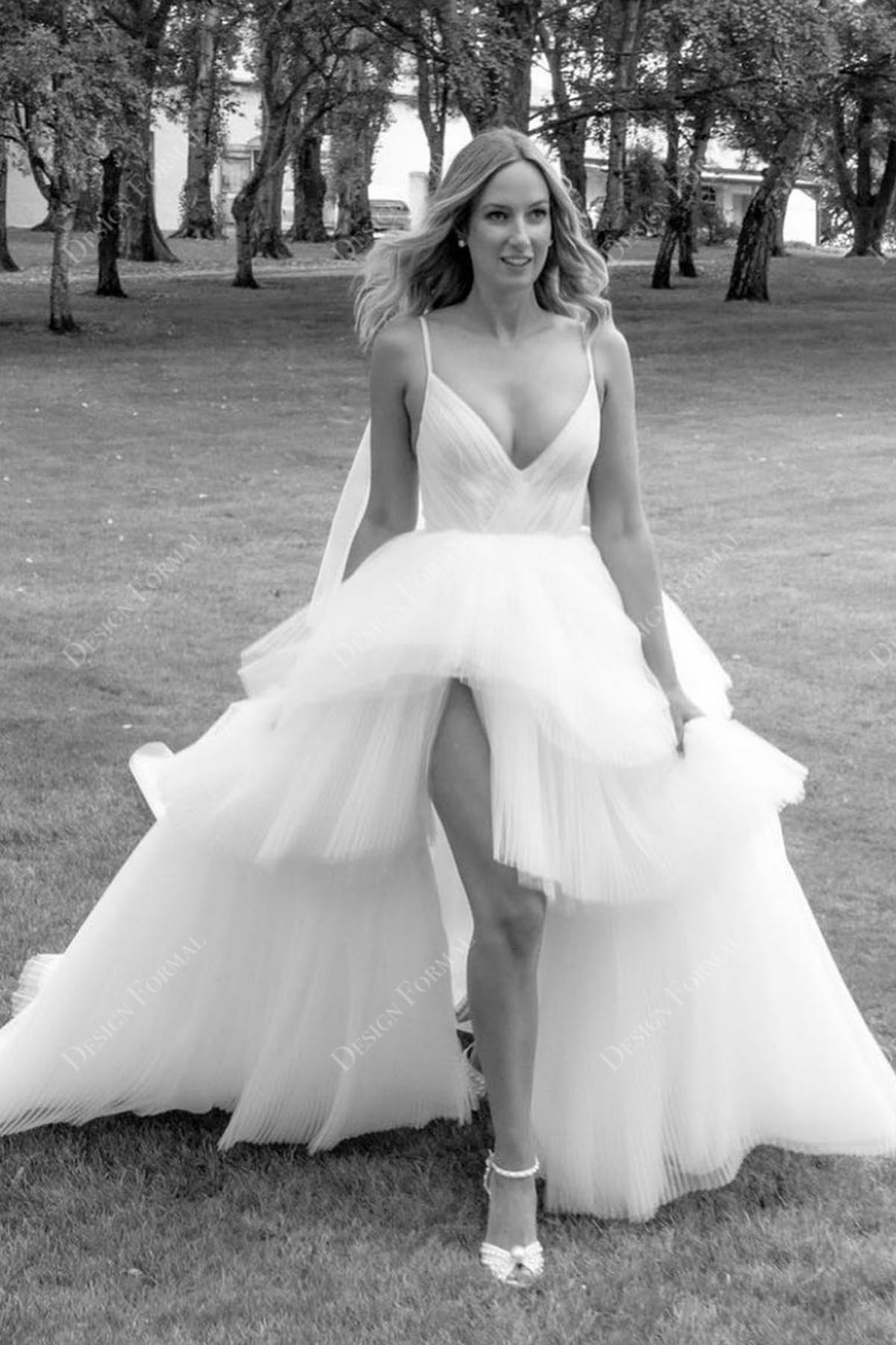 princess wedding dress with slit Elegant Princess Long A-line V-neck One Shoulder Satin Wedding Dresses misshow.com