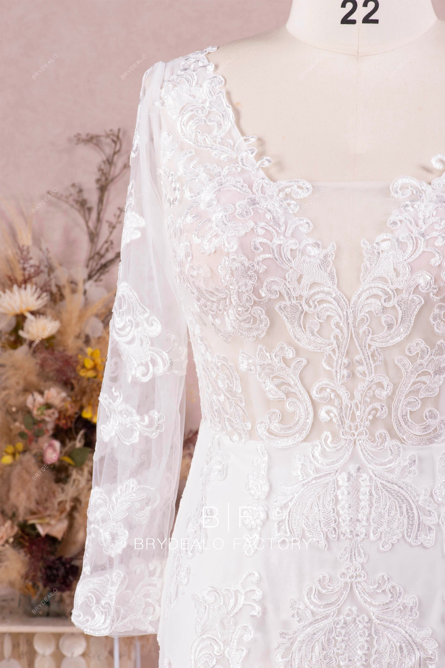 sheer long sleeves white lace plus size wedding dress